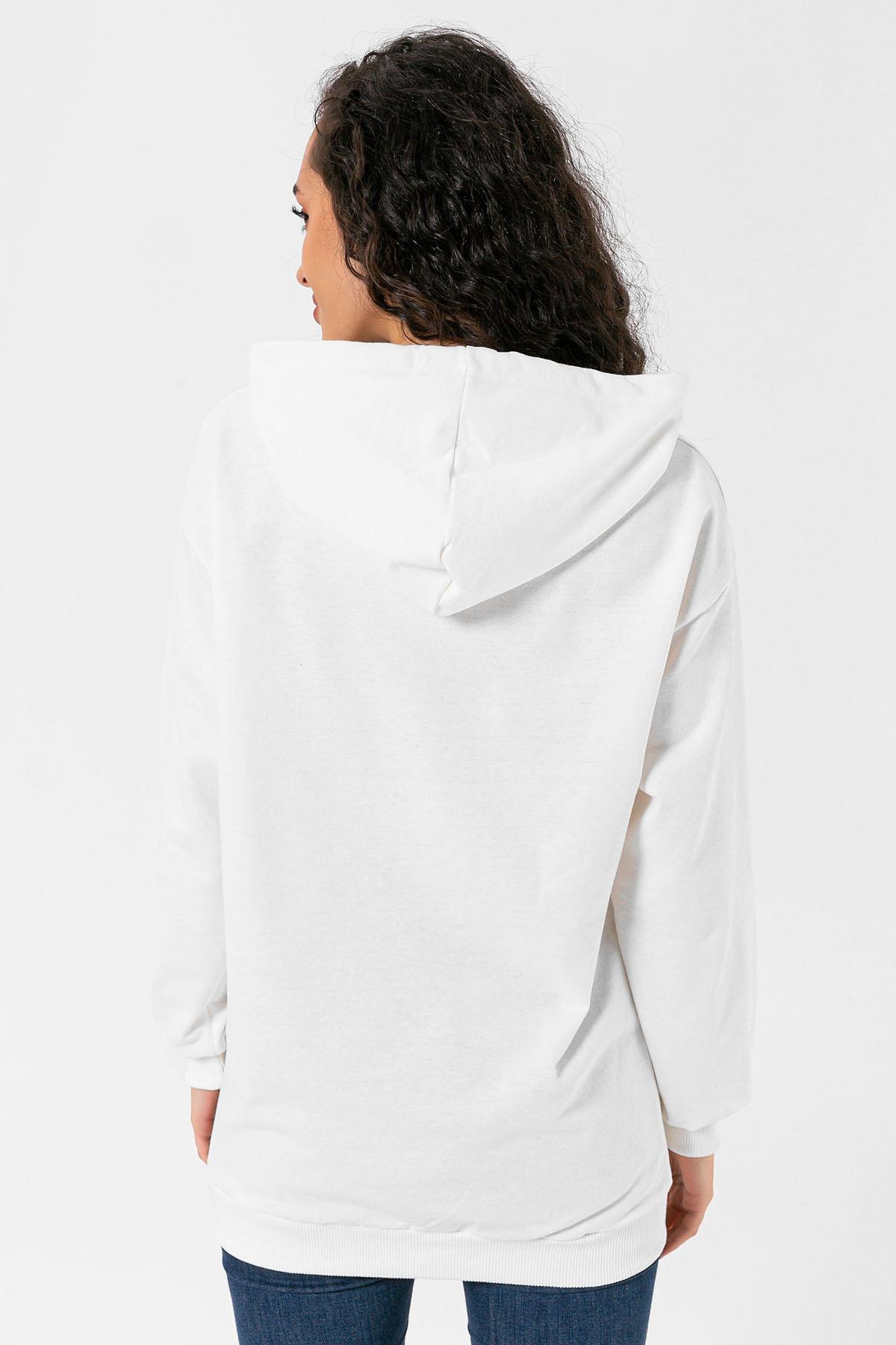 Kadın Önü Baskı Detaylı Kapüşonlu Sweatshirt