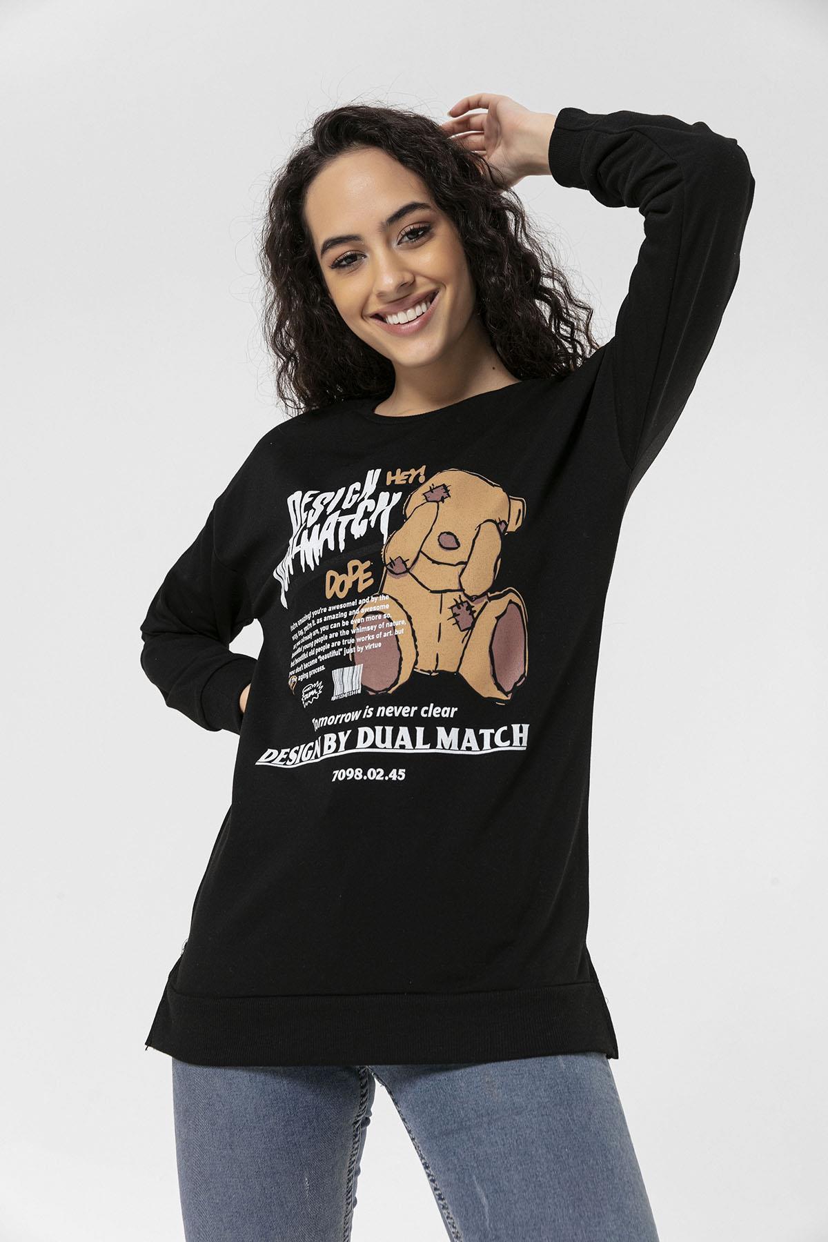 Kadın Önü Baskı Yanı Yırtmaç Detaylı Bisiklet Yaka Sweatshirt