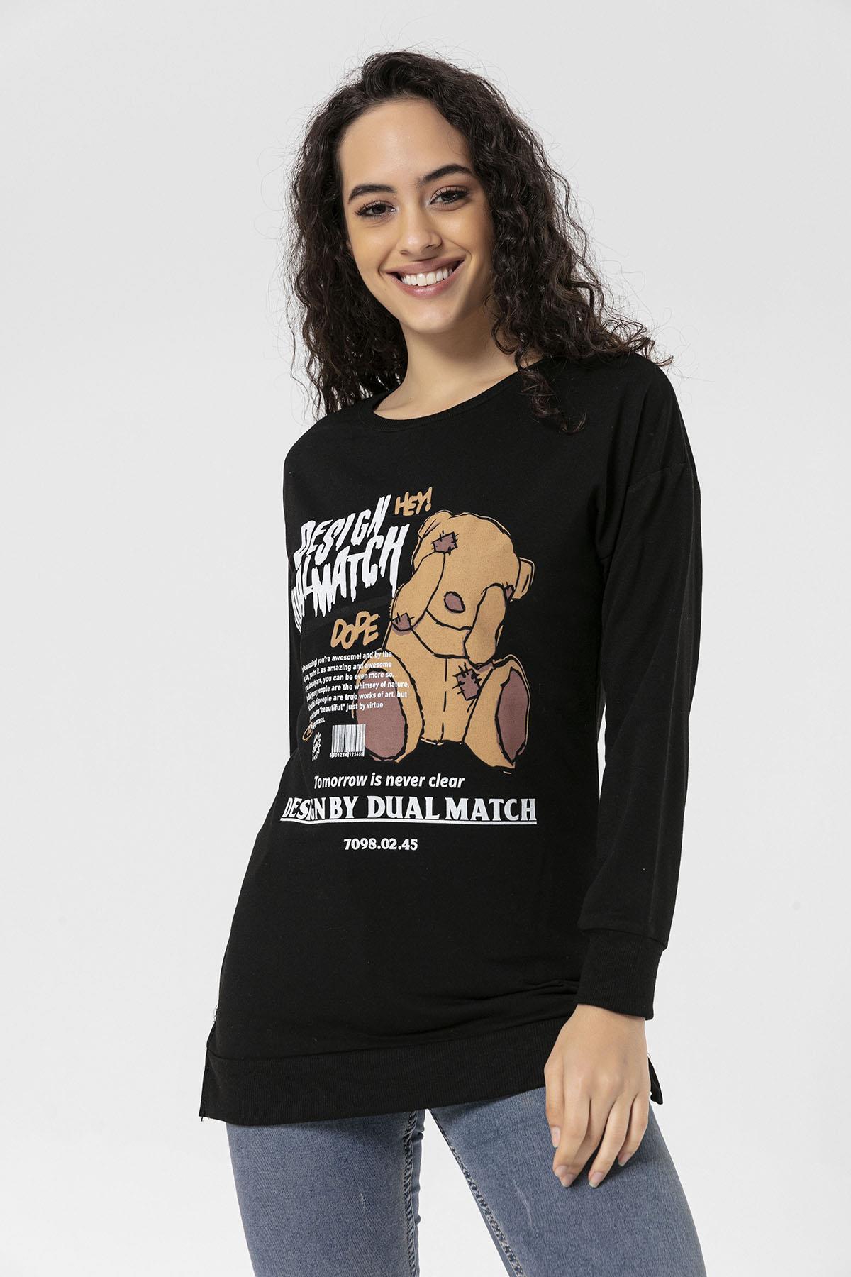 Kadın Önü Baskı Yanı Yırtmaç Detaylı Bisiklet Yaka Sweatshirt