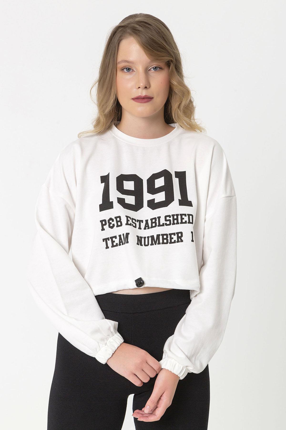 Kadın Önü Baskılı Beli Büzgülü Sweatshirt