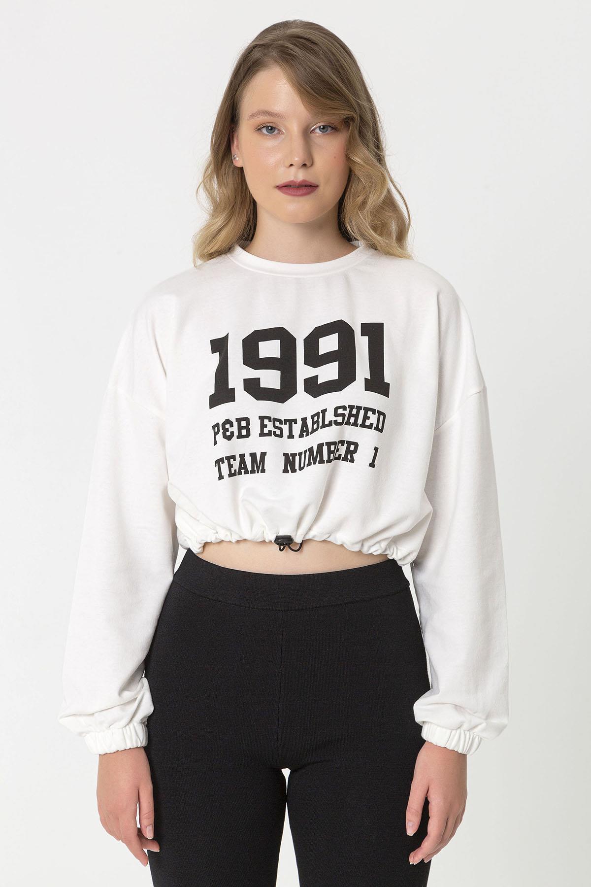 Kadın Önü Baskılı Beli Büzgülü Sweatshirt
