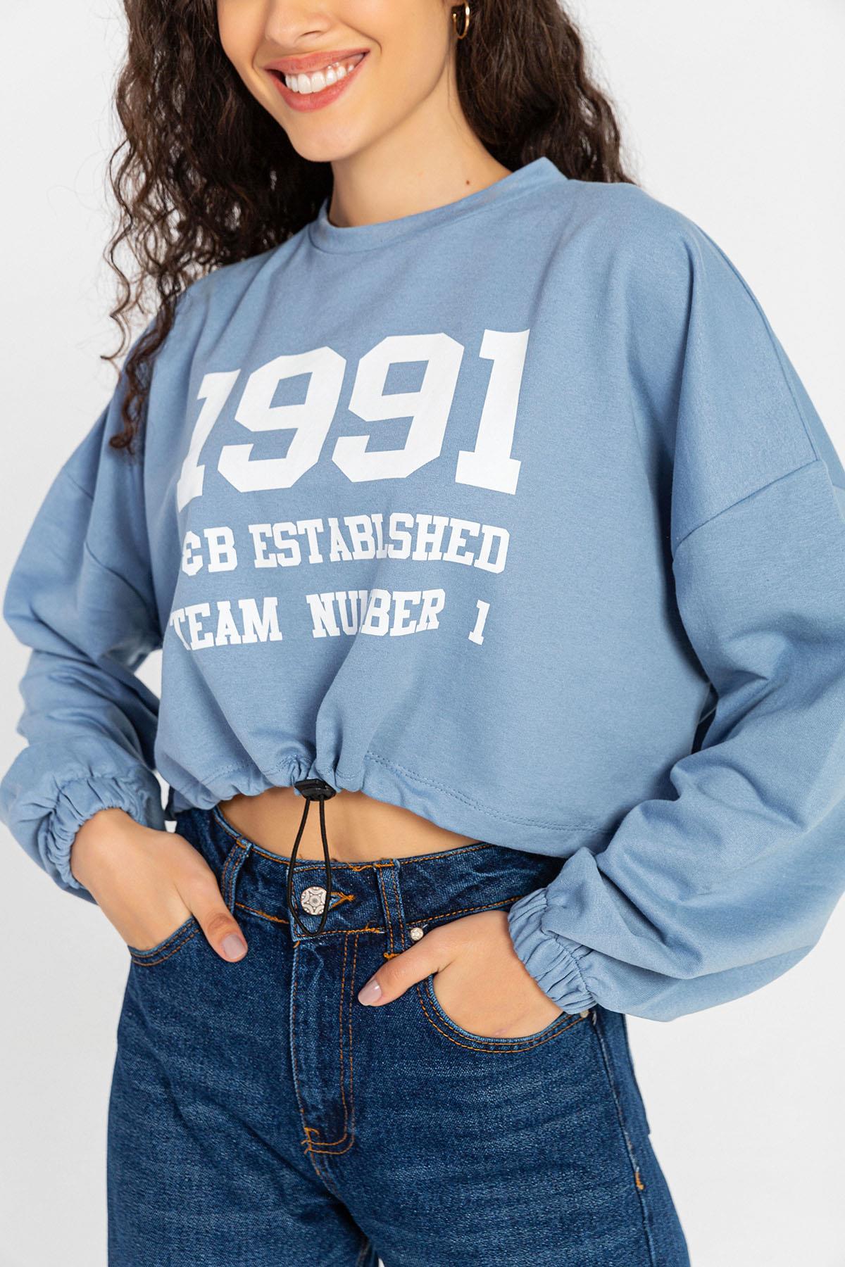 Kadın Önü Baskılı Beli Büzgülü Sweatshirt