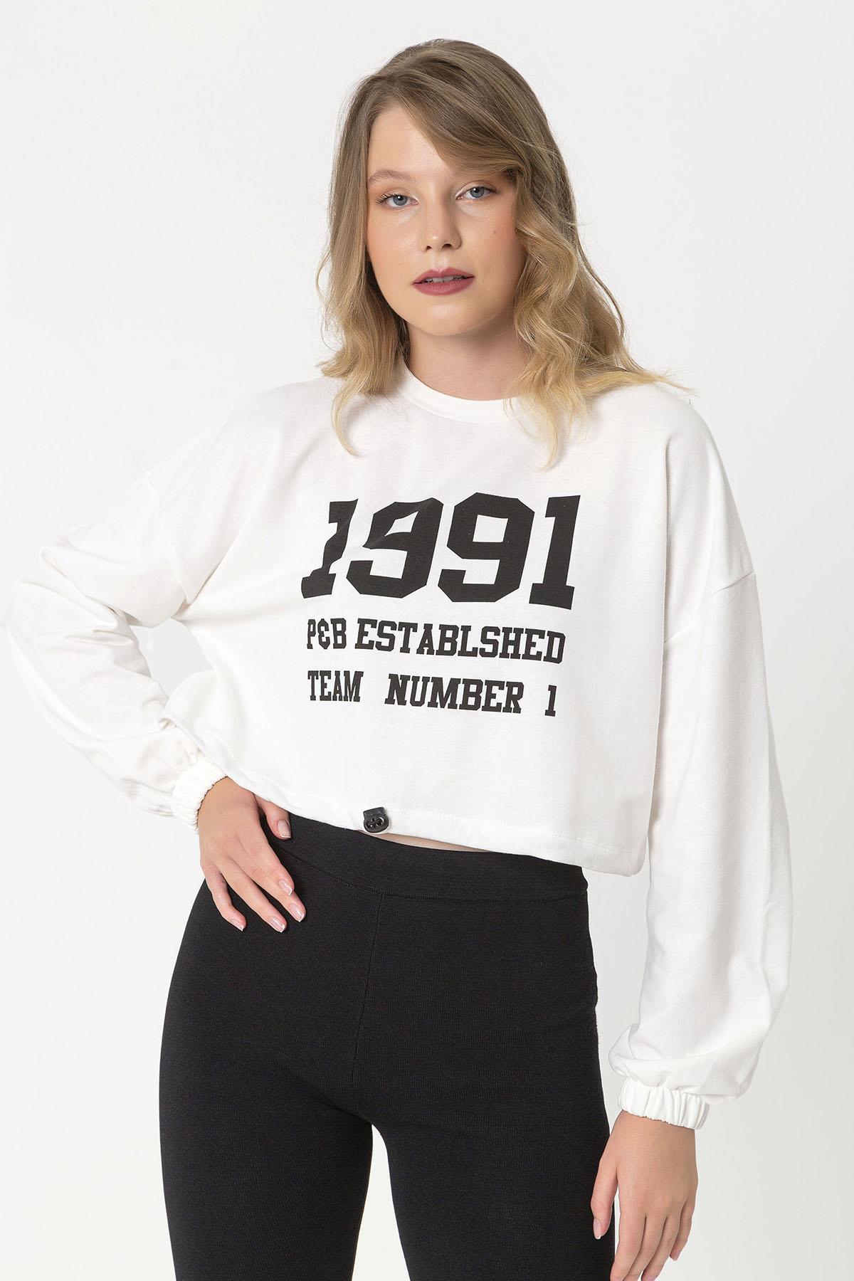 Kadın Önü Baskılı Beli Büzgülü Sweatshirt