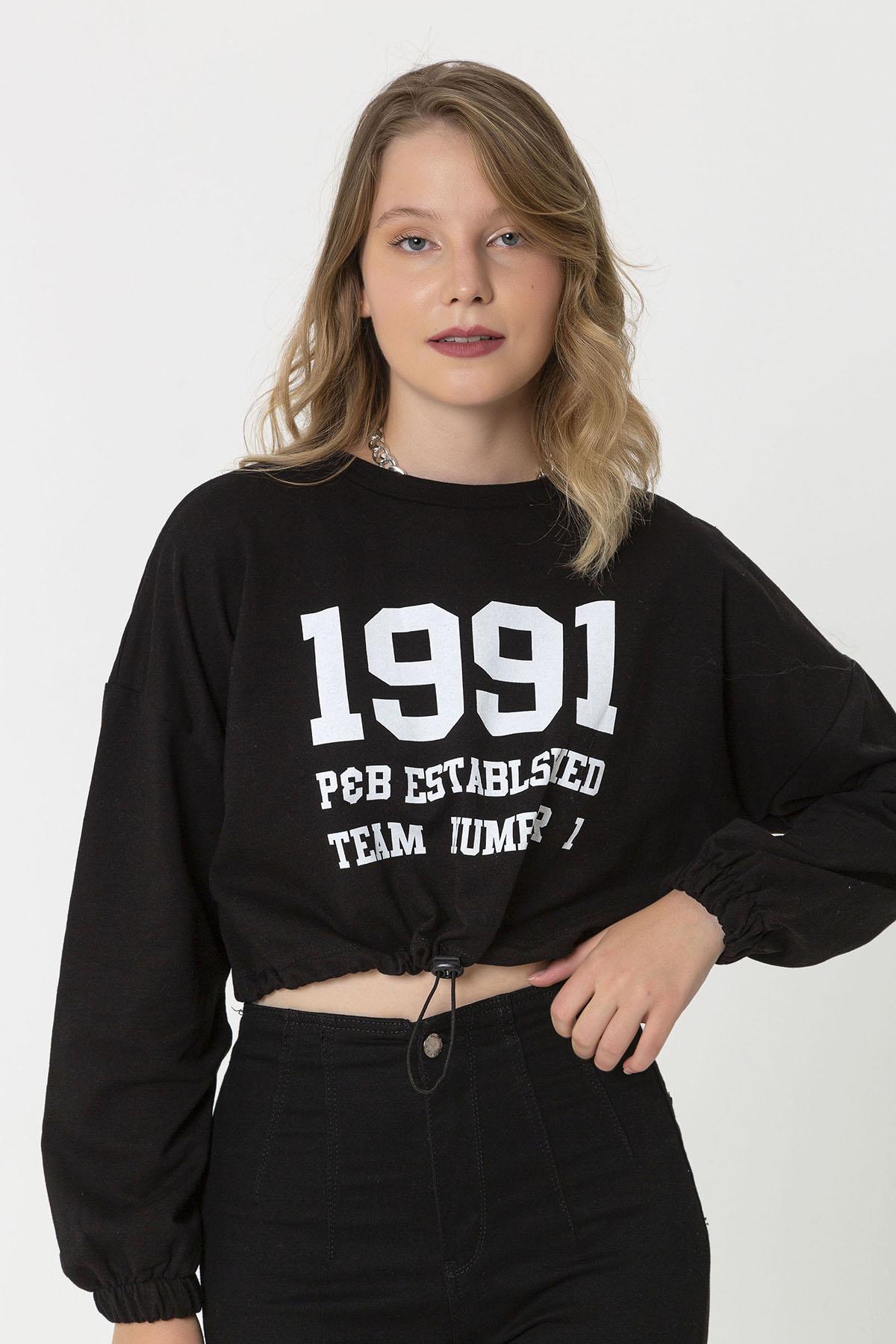 Kadın Önü Baskılı Beli Büzgülü Sweatshirt