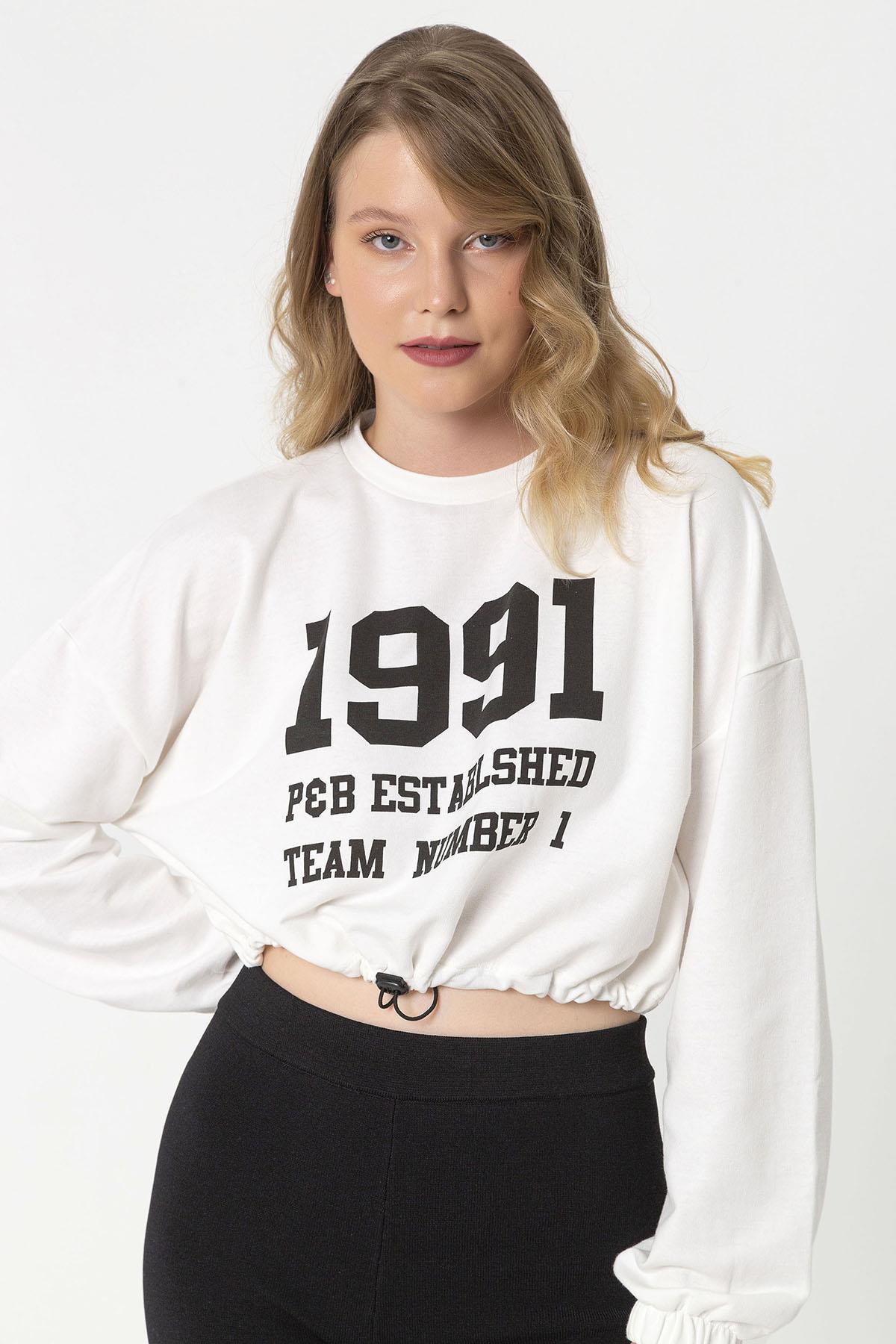 Kadın Önü Baskılı Beli Büzgülü Sweatshirt