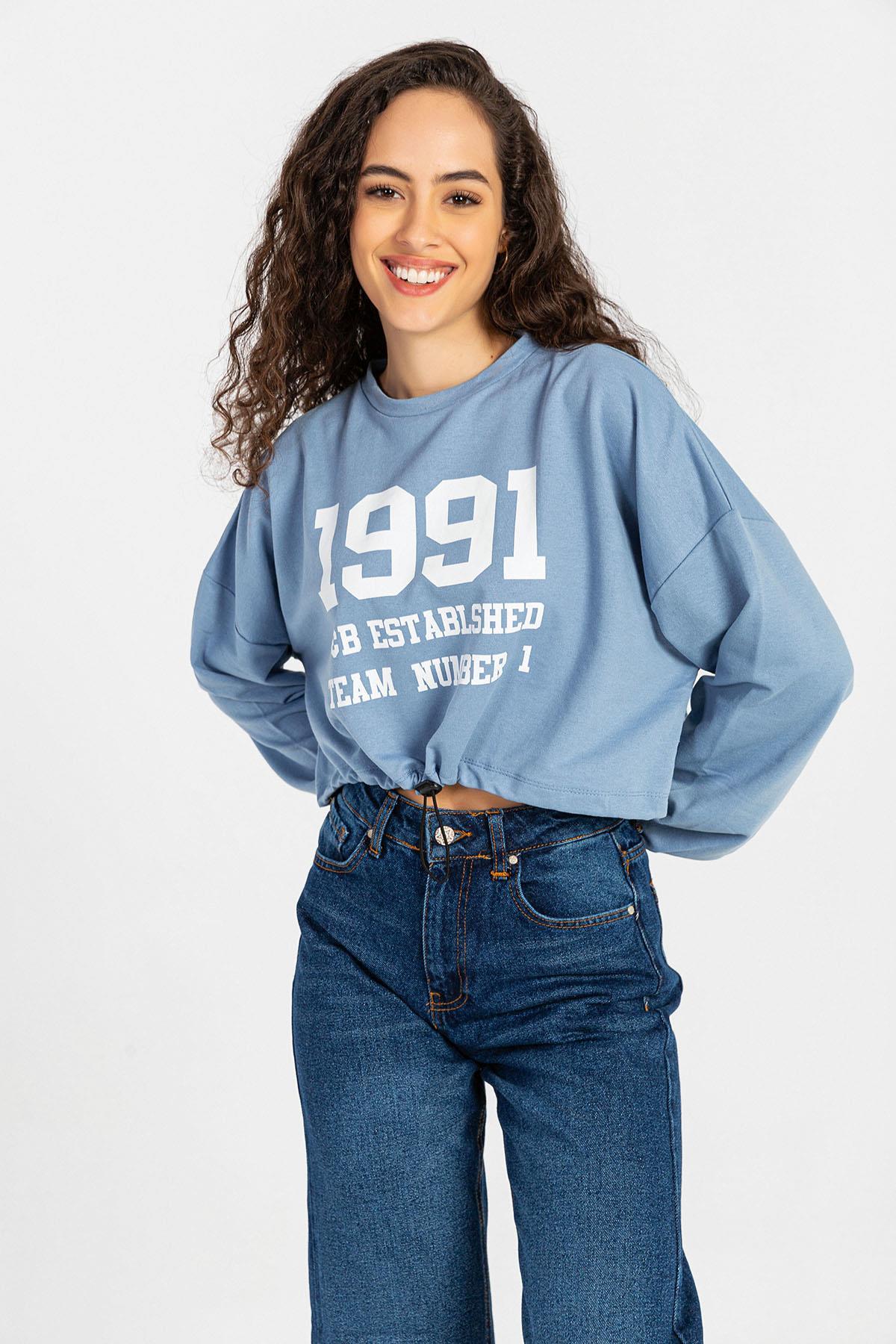 Kadın Önü Baskılı Beli Büzgülü Sweatshirt