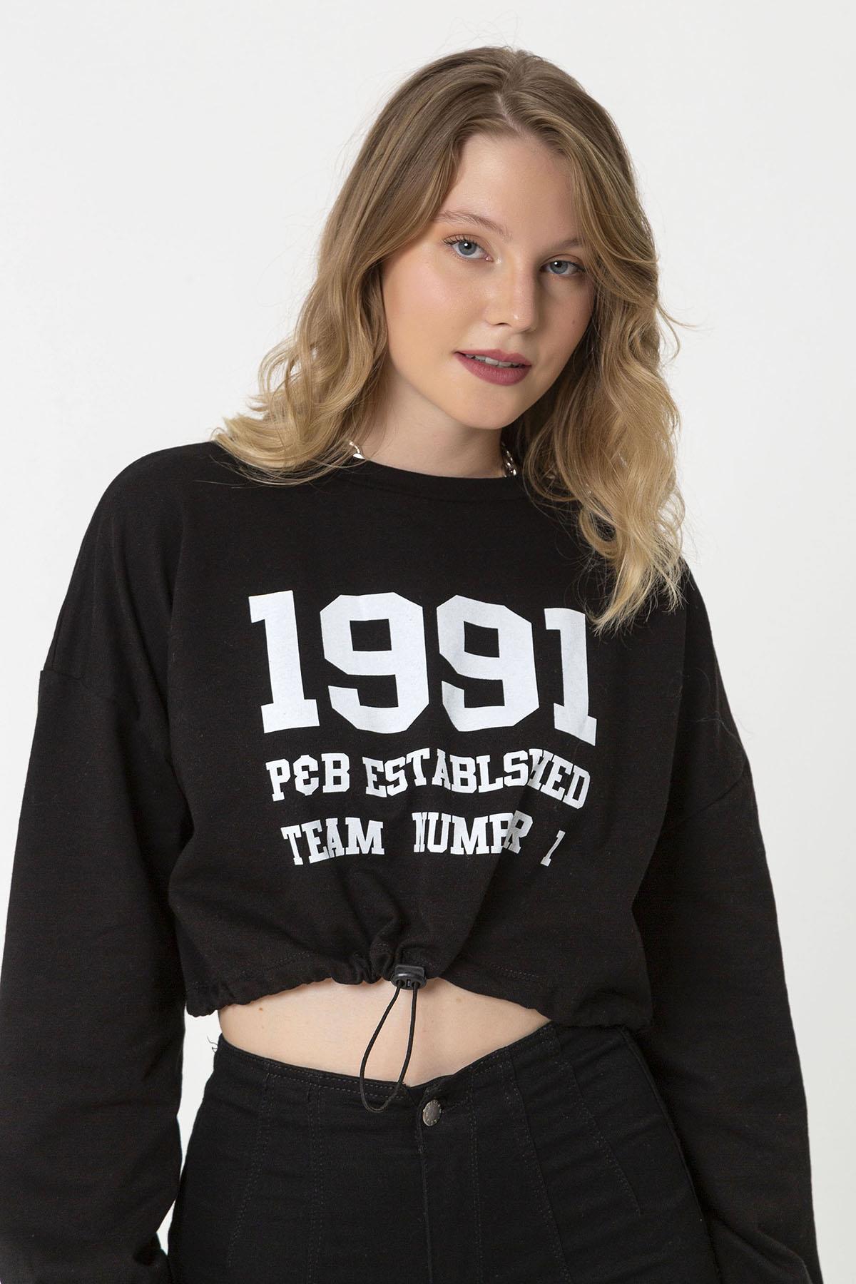 Kadın Önü Baskılı Beli Büzgülü Sweatshirt