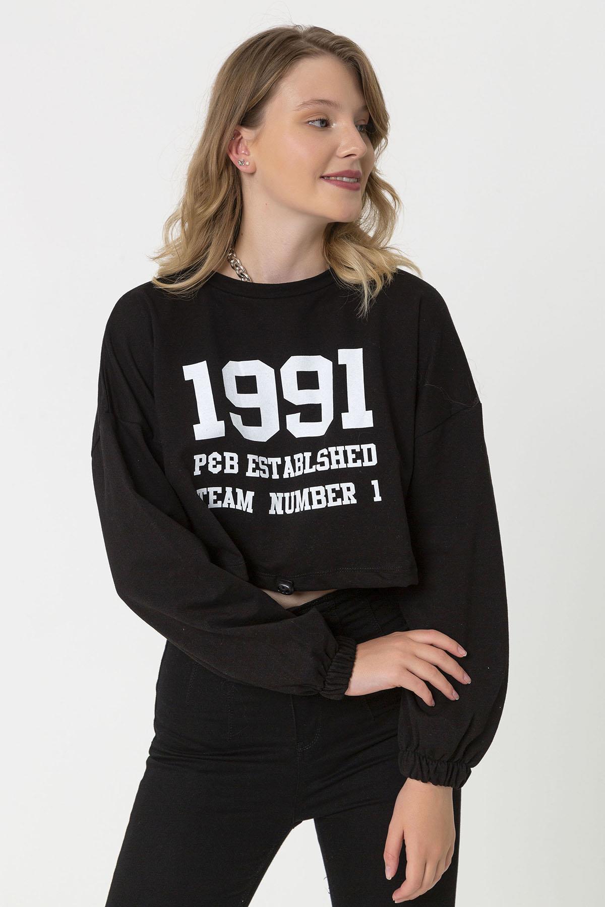Kadın Önü Baskılı Beli Büzgülü Sweatshirt