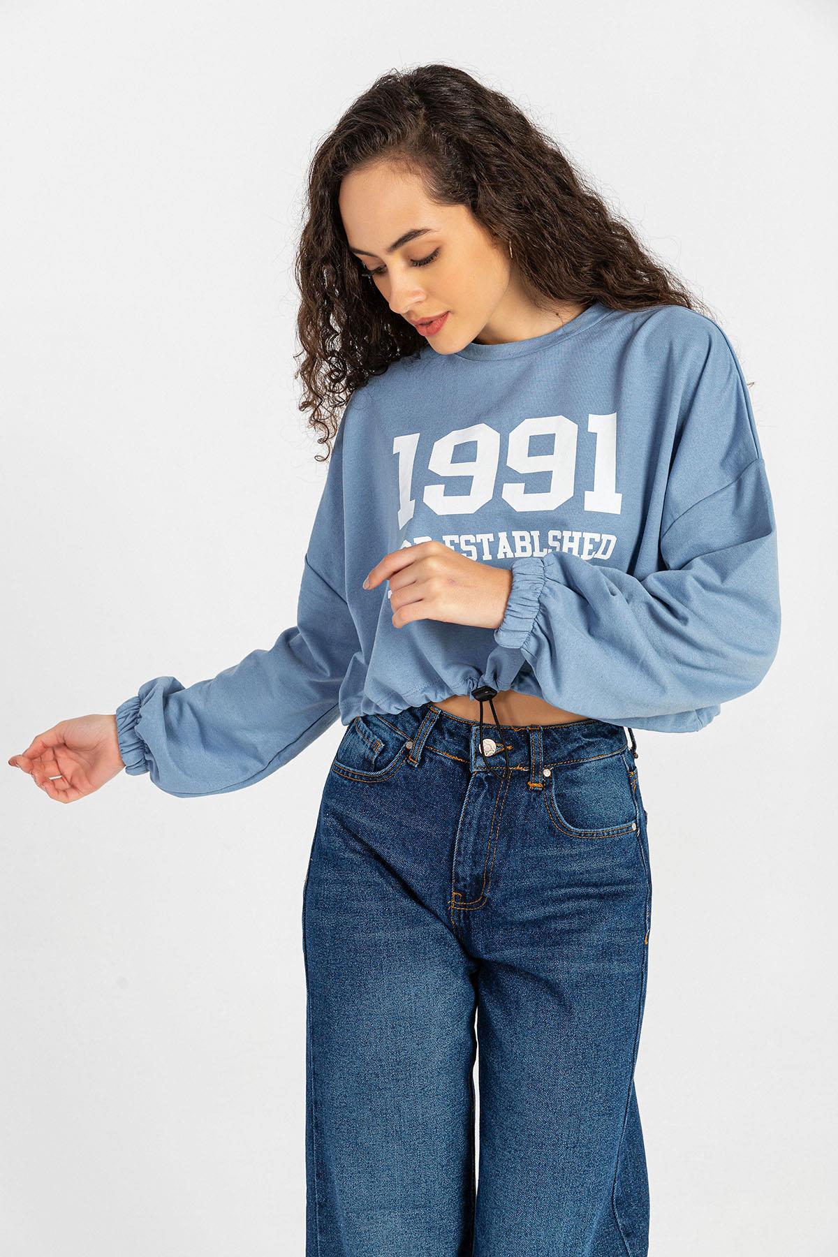Kadın Önü Baskılı Beli Büzgülü Sweatshirt