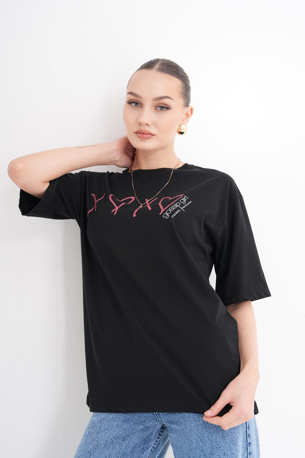 Kadın Önü Baskılı Bisiklet Yaka Oversize Tişört 250114 -