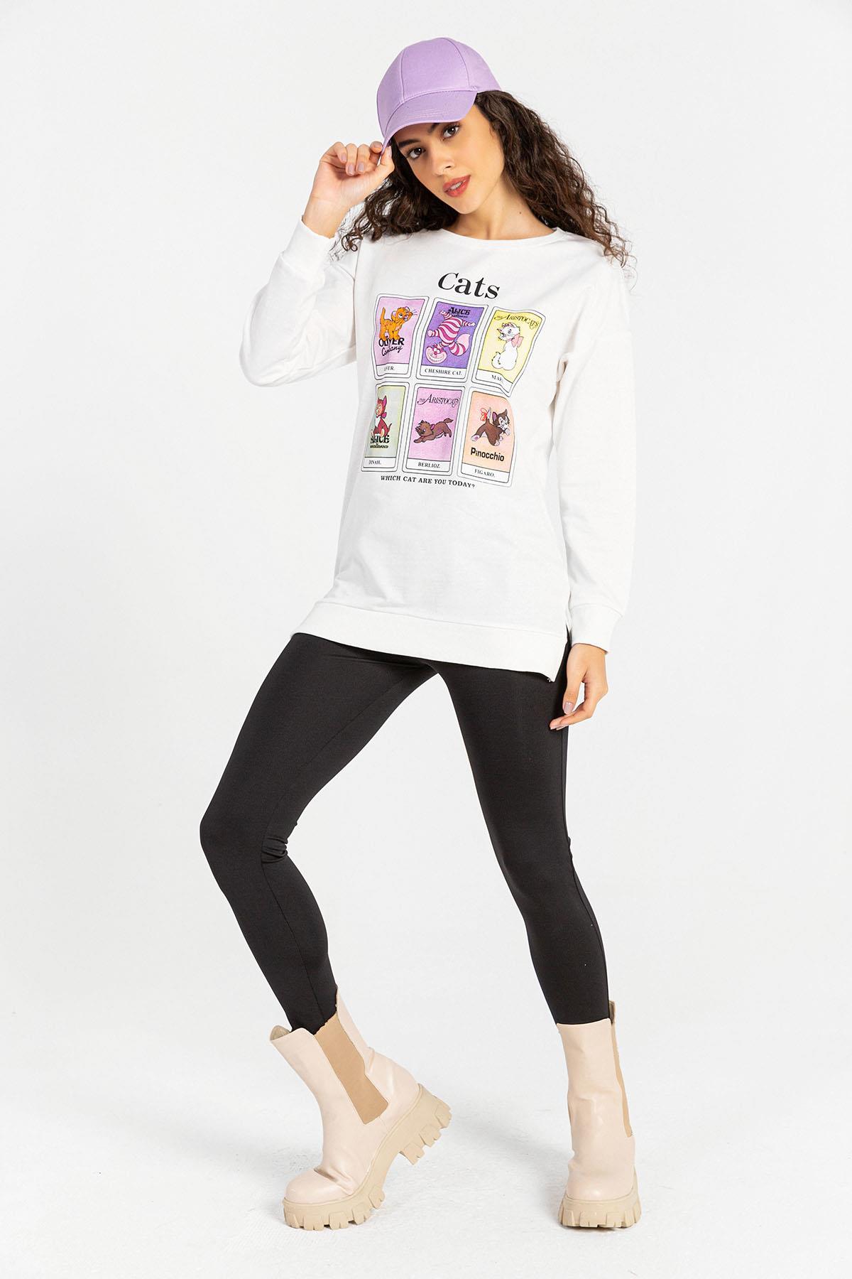 Kadın Önü Baskılı Bisiklet Yaka Sweatshirt