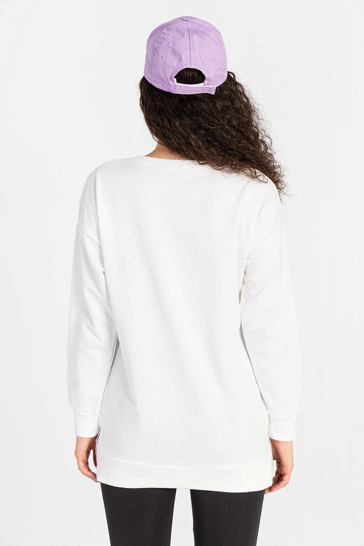 Kadın Önü Baskılı Bisiklet Yaka Sweatshirt