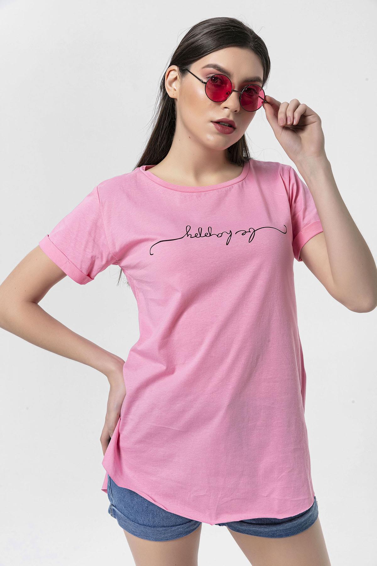 Kadın Önü Baskılı Bisiklet Yaka Yırtmaçlı T-Shirt