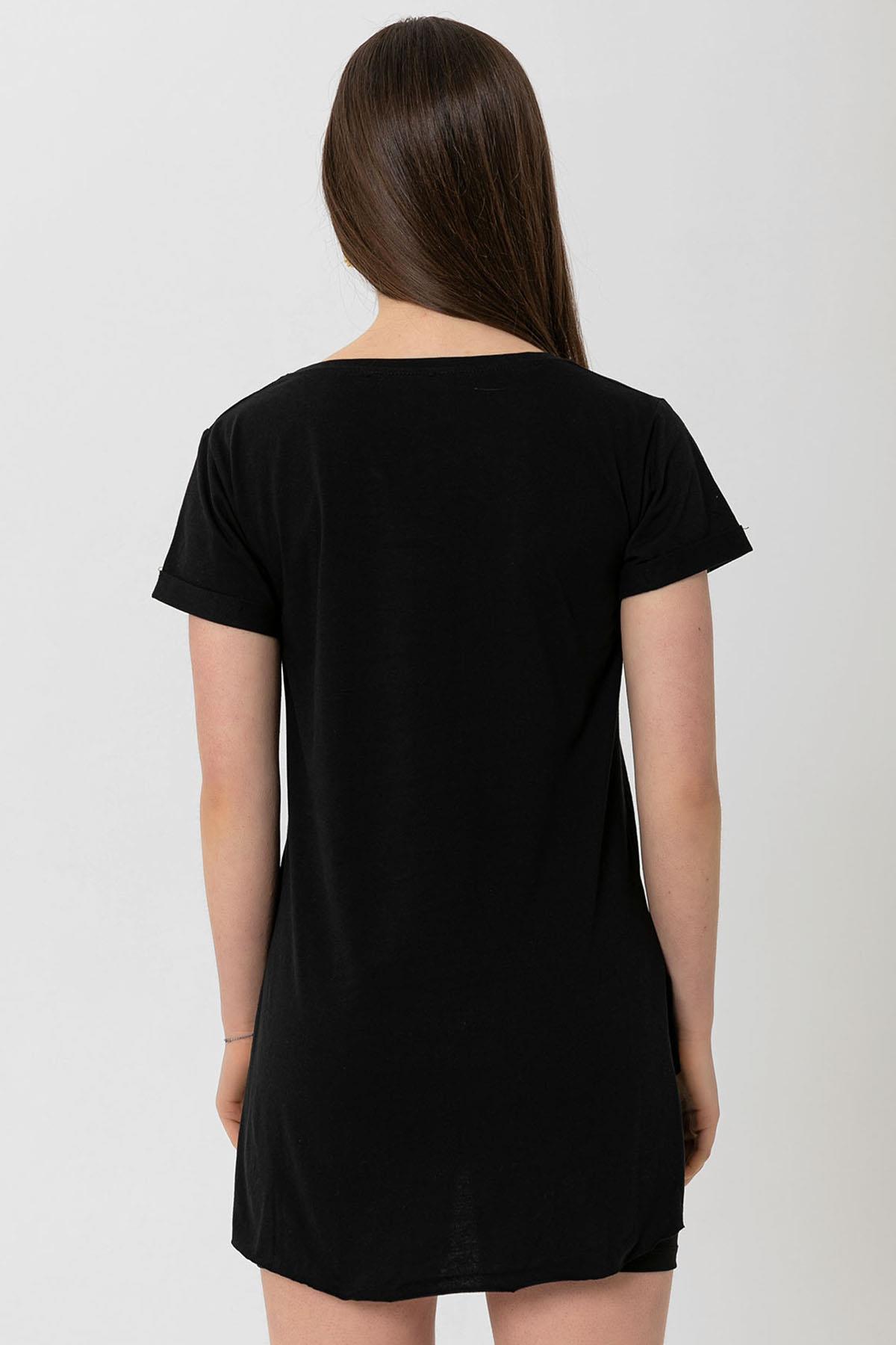 Kadın Önü Baskılı Bisiklet Yaka Yırtmaçlı T-Shirt