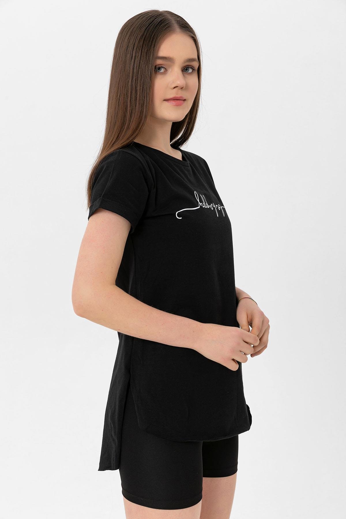 Kadın Önü Baskılı Bisiklet Yaka Yırtmaçlı T-Shirt