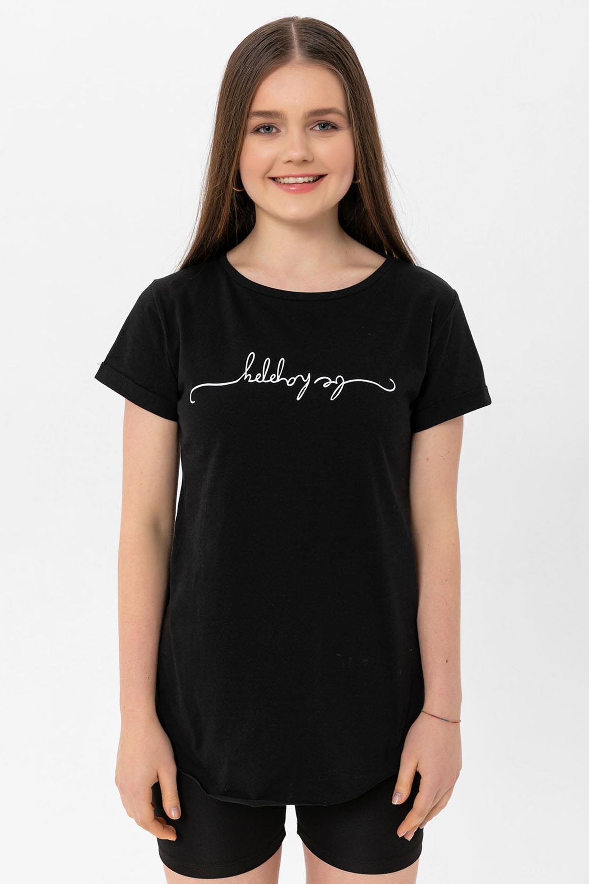 Kadın Önü Baskılı Bisiklet Yaka Yırtmaçlı T-Shirt