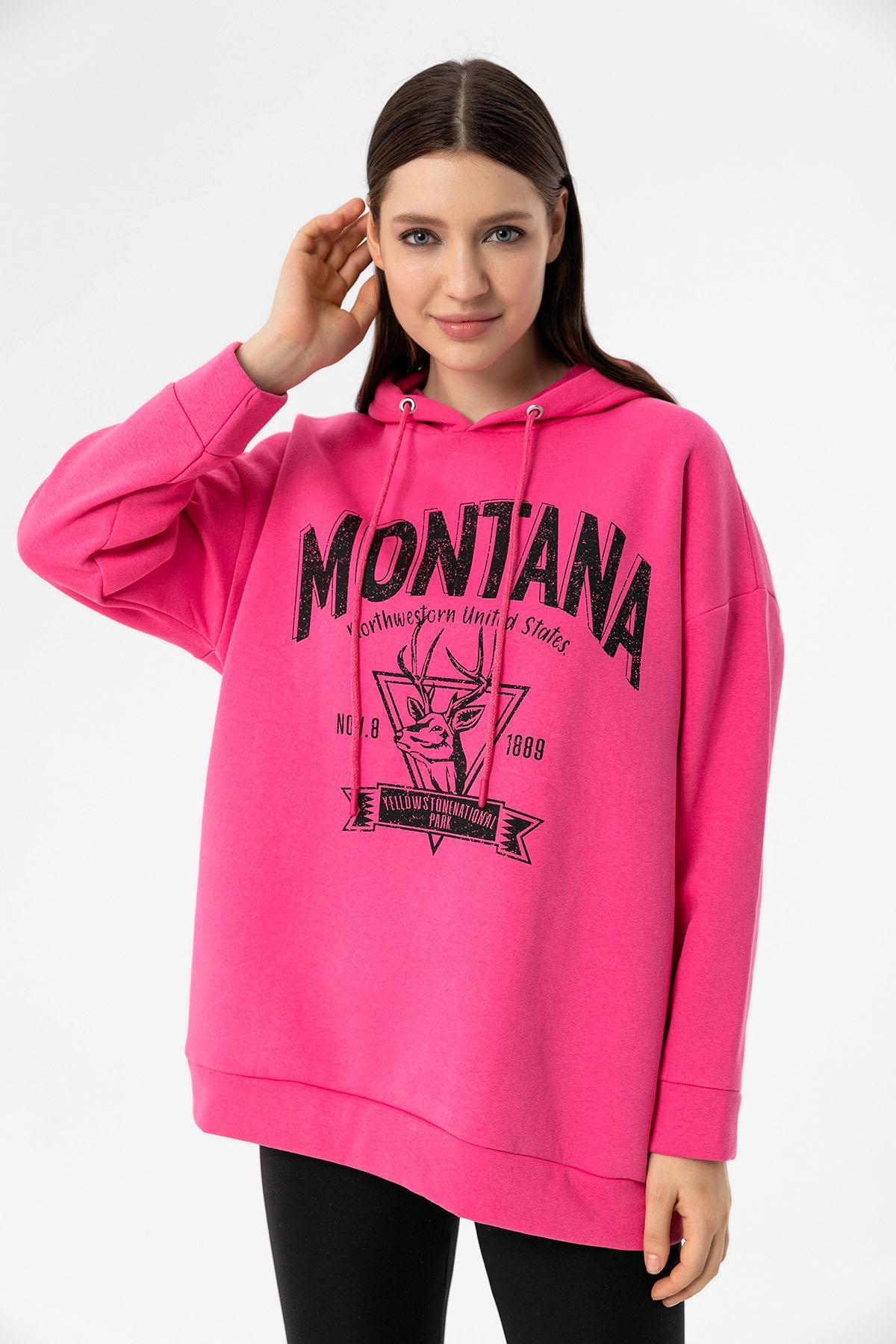 Kadın Önü Baskılı Kapüşonlu Üç İplik Sweatshirt 235019 -