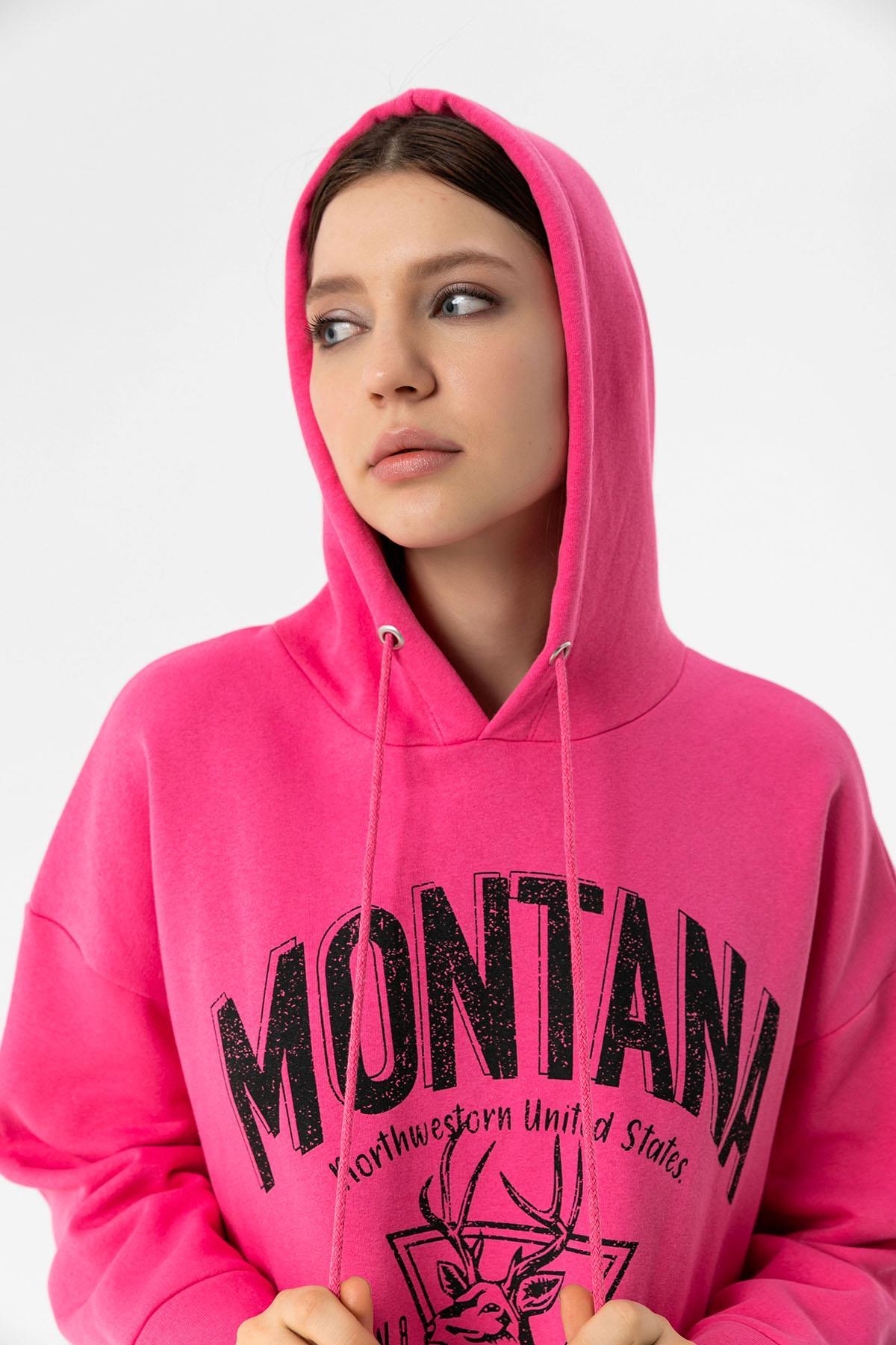 Kadın Önü Baskılı Kapüşonlu Üç İplik Sweatshirt 235019 -