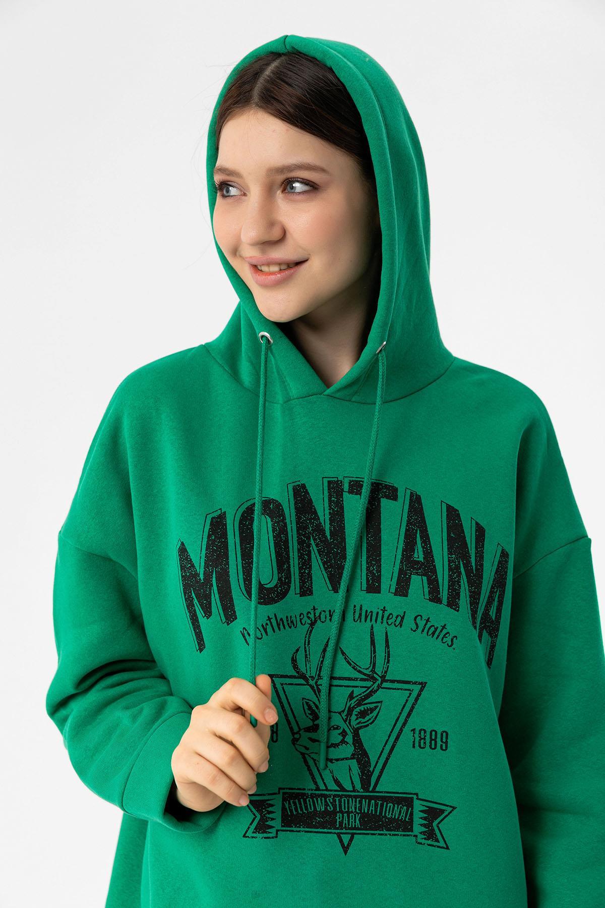 Kadın Önü Baskılı Kapüşonlu Üç İplik Sweatshirt 235019 -