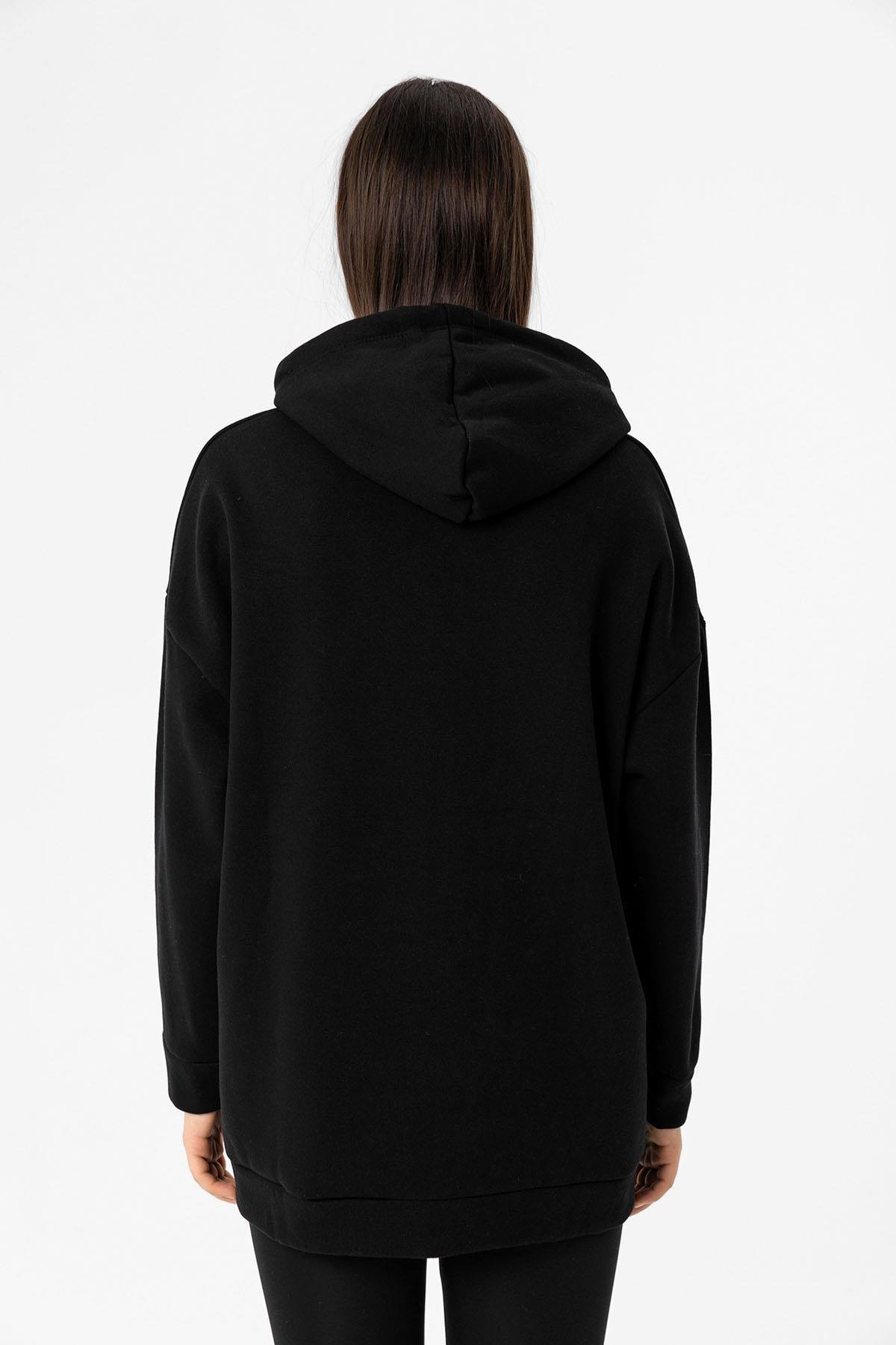 Kadın Önü Baskılı Kapüşonlu Üç İplik Sweatshirt 235019 -