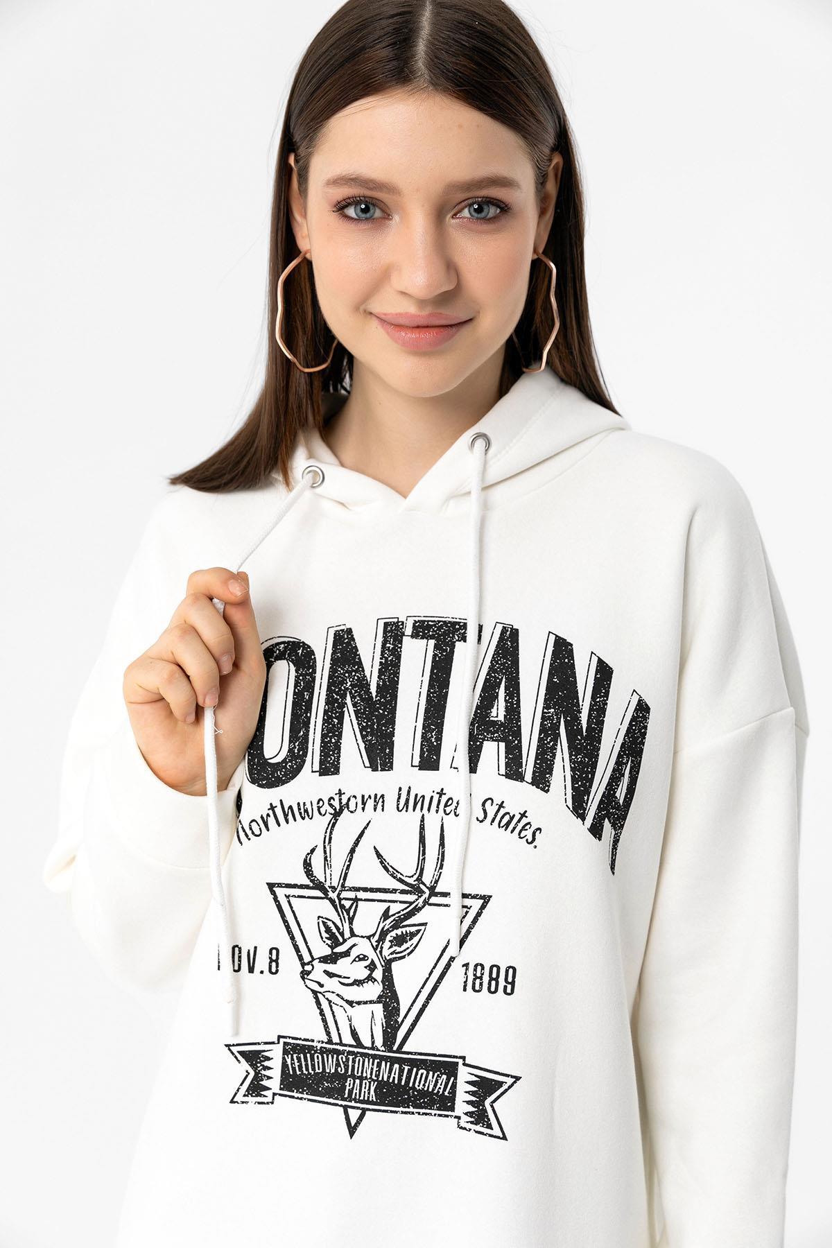Kadın Önü Baskılı Kapüşonlu Üç İplik Sweatshirt 235019 -