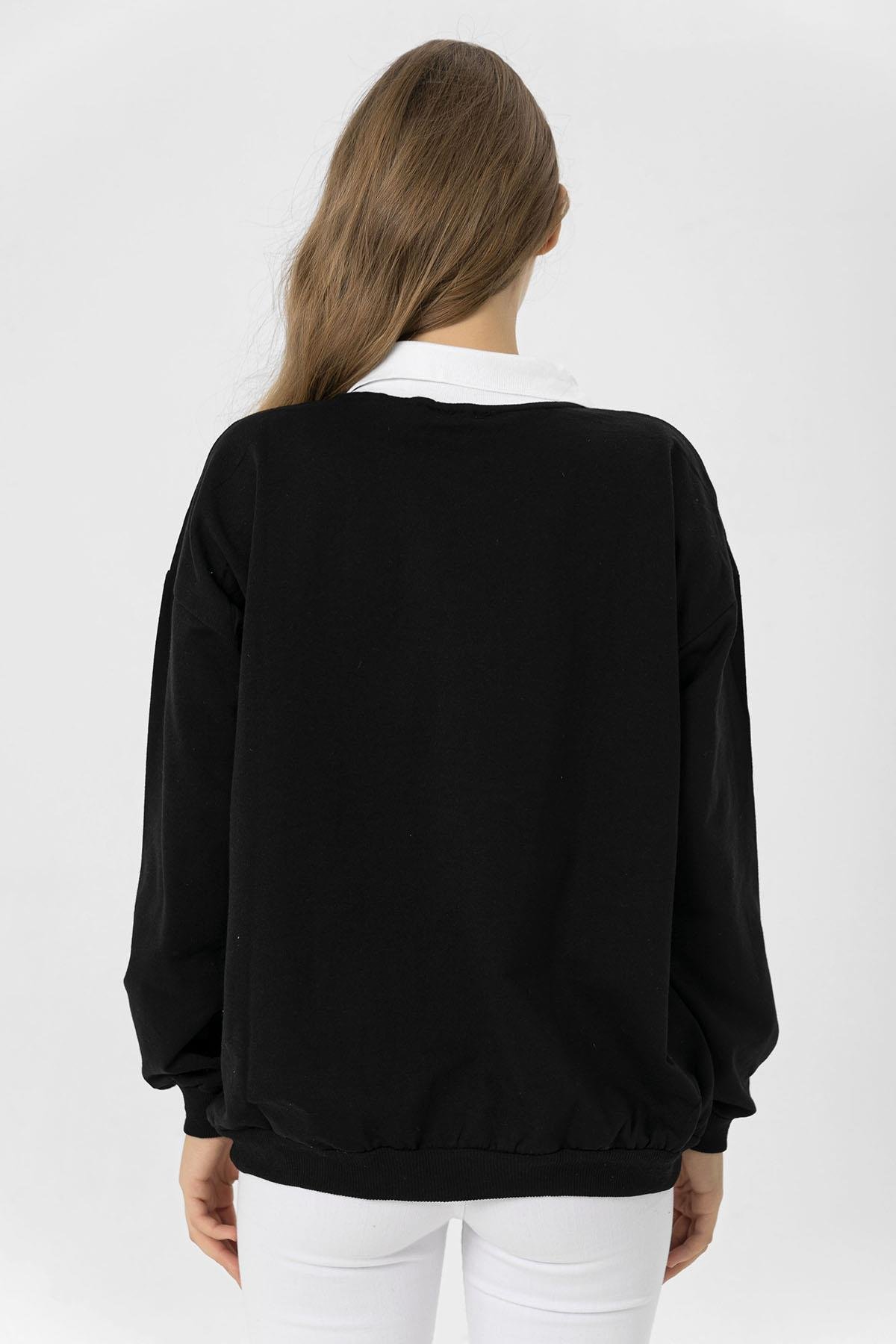 Kadın Önü Baskılı Yakalı Oversize Sweatshirt