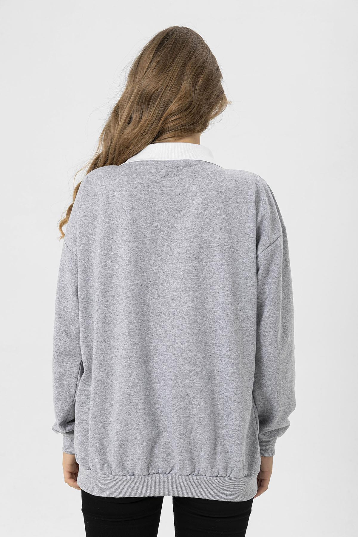Kadın Önü Baskılı Yakalı Oversize Sweatshirt