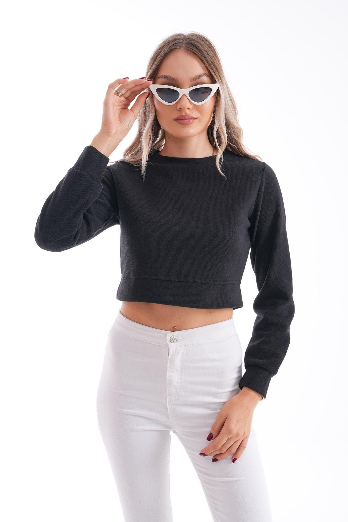 Kadın Selanik Örme Bisiklet Yaka Kısa Sweatshirt 245278 -