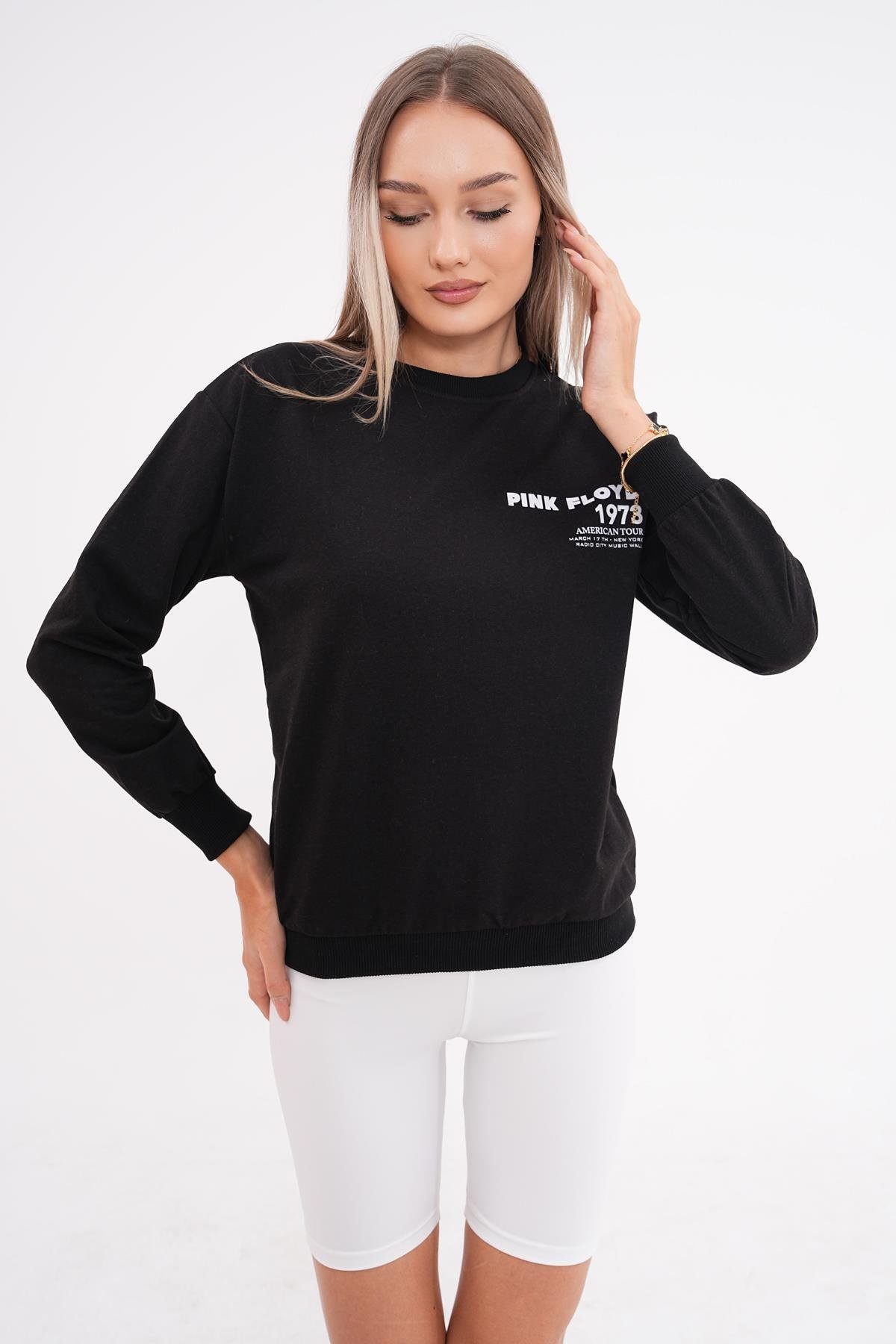 Kadın Sırt Baskı Detaylı Bisiklet Yaka İki İplik Sweatshirt 245277 -
