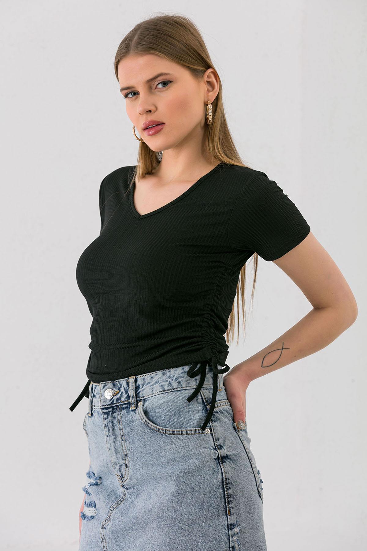 Kadın Yanı Büzgü Detaylı V Yaka Kaşkorse T-shirt 240007 -
