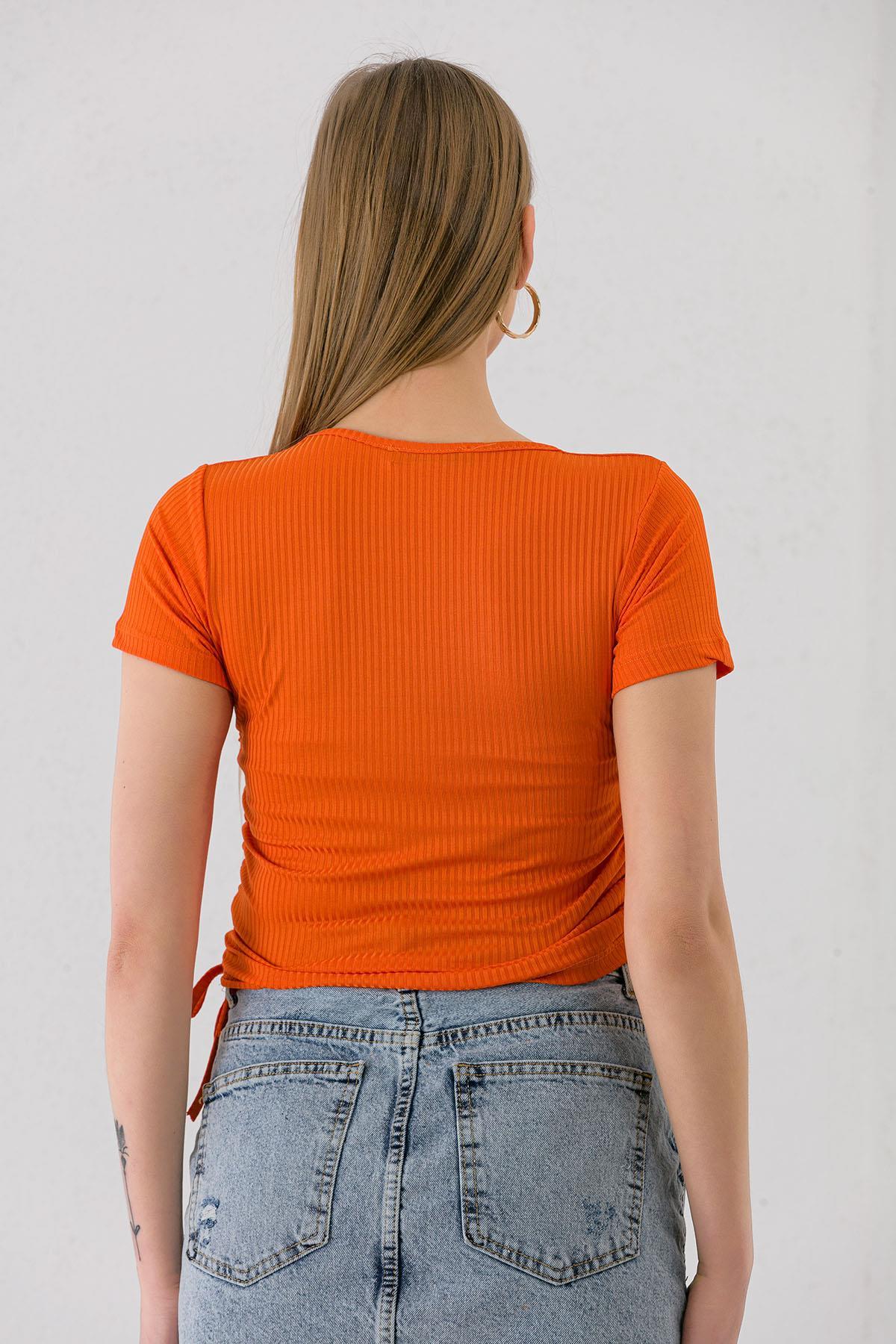 Kadın Yanı Büzgü Detaylı V Yaka Kaşkorse T-shirt 240007 -
