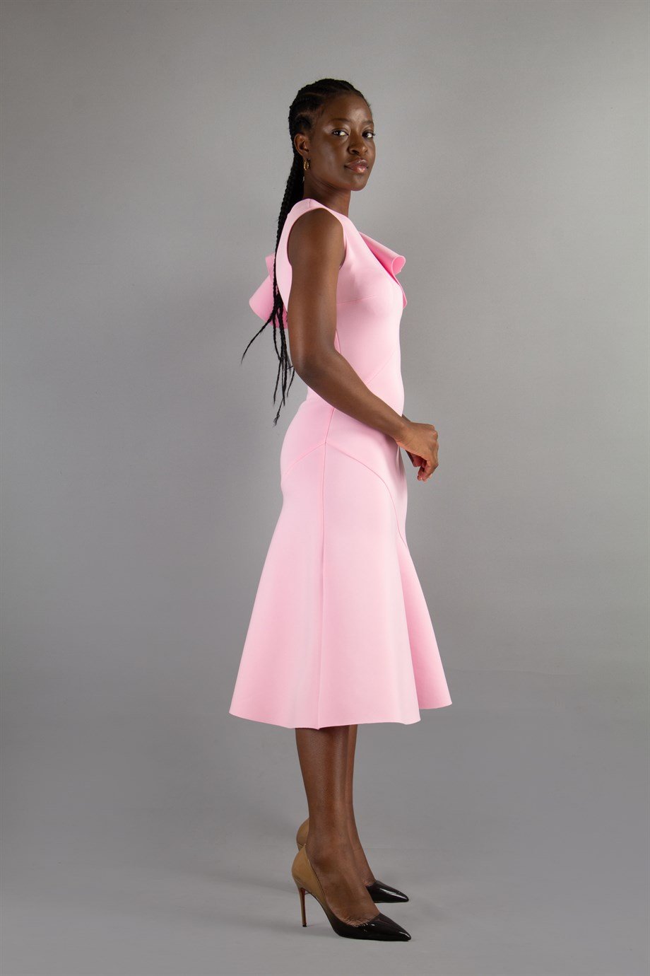 Asymmetric Cut Frill Shoulder Scuba Dress - Pink