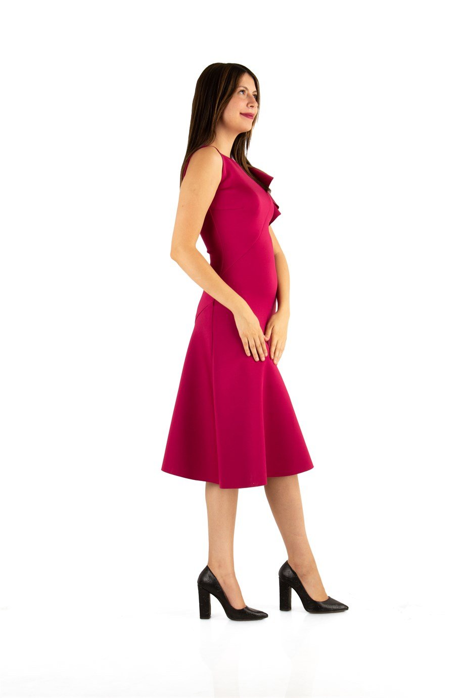 Asymmetric Cut Frill Shoulder Scuba Dress - Maroon