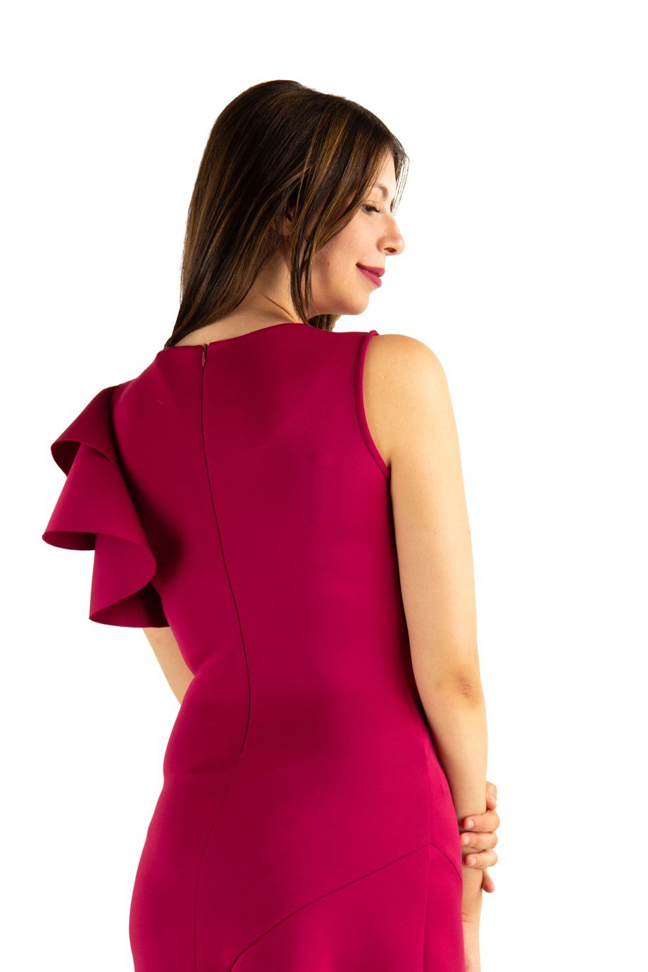 Asymmetric Cut Frill Shoulder Scuba Dress - Maroon
