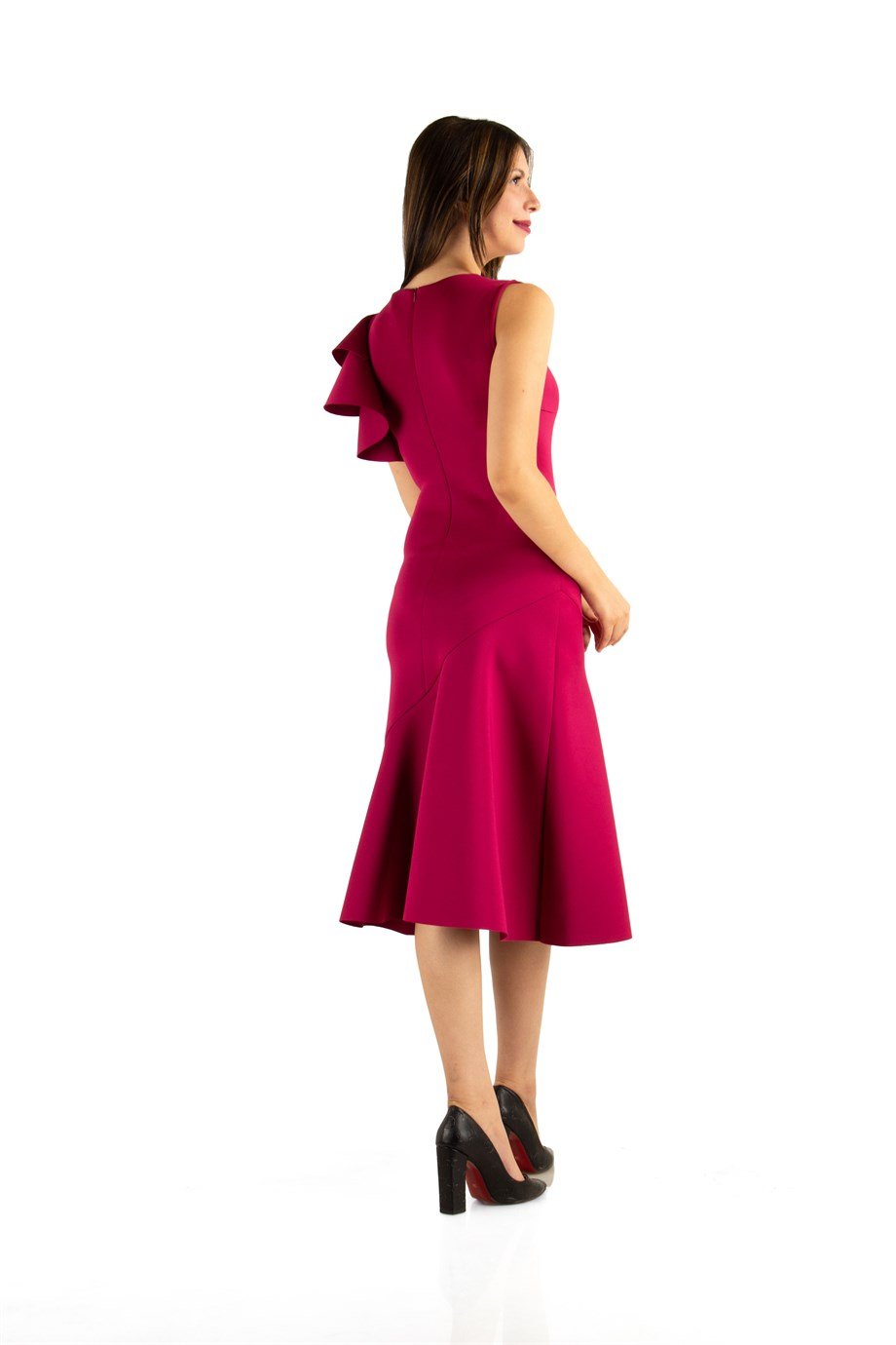 Asymmetric Cut Frill Shoulder Scuba Dress - Maroon