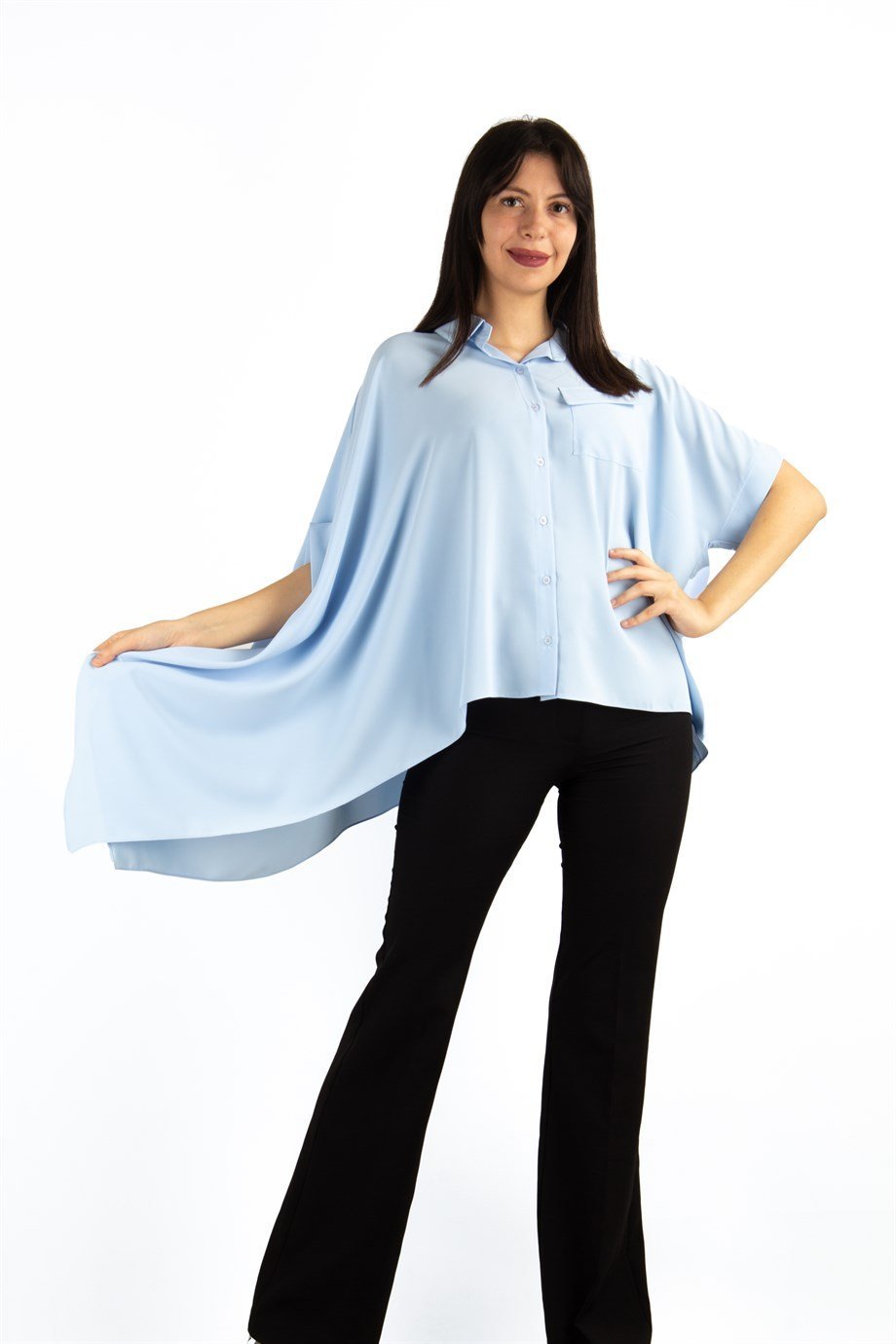 Asymmetric Cut Oversize Shirt - Baby Blue