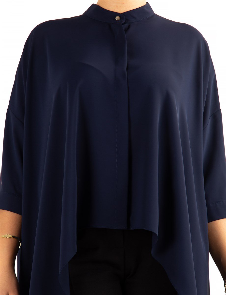 Asymmetric Hem Shirt - Navy Blue