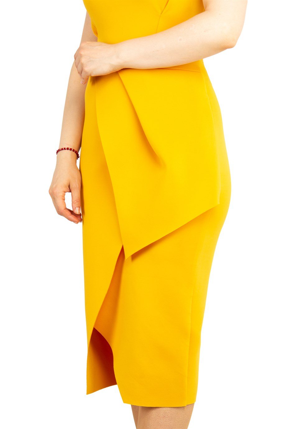 Asymmetric Ruffle Shoulder Scuba Draped Dress - Mustard