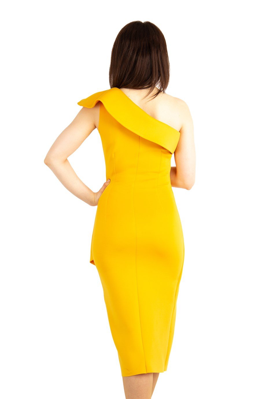 Asymmetric Ruffle Shoulder Scuba Draped Dress - Mustard