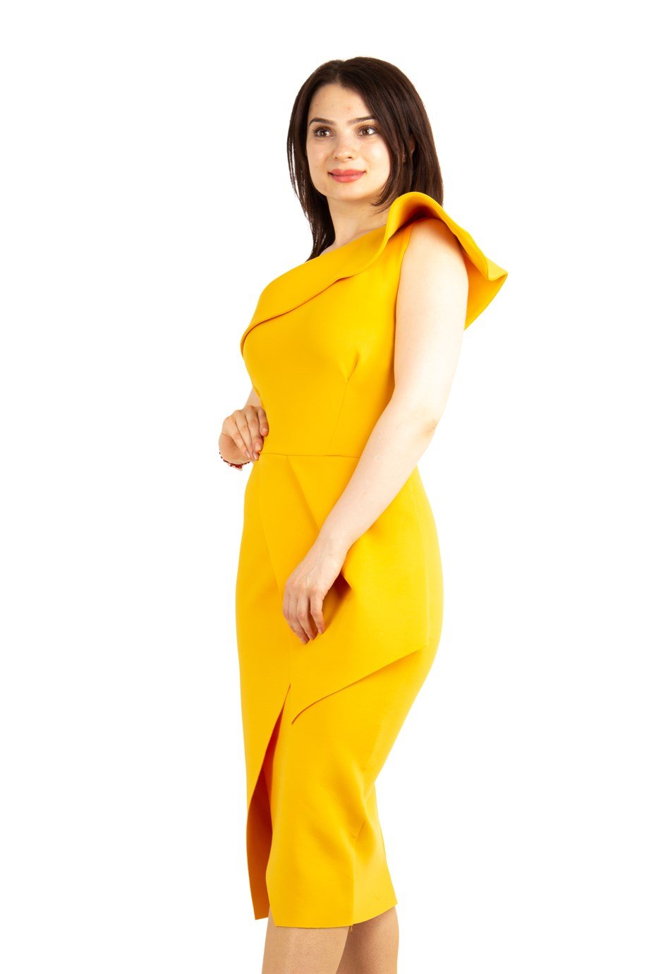 Asymmetric Ruffle Shoulder Scuba Draped Dress - Mustard