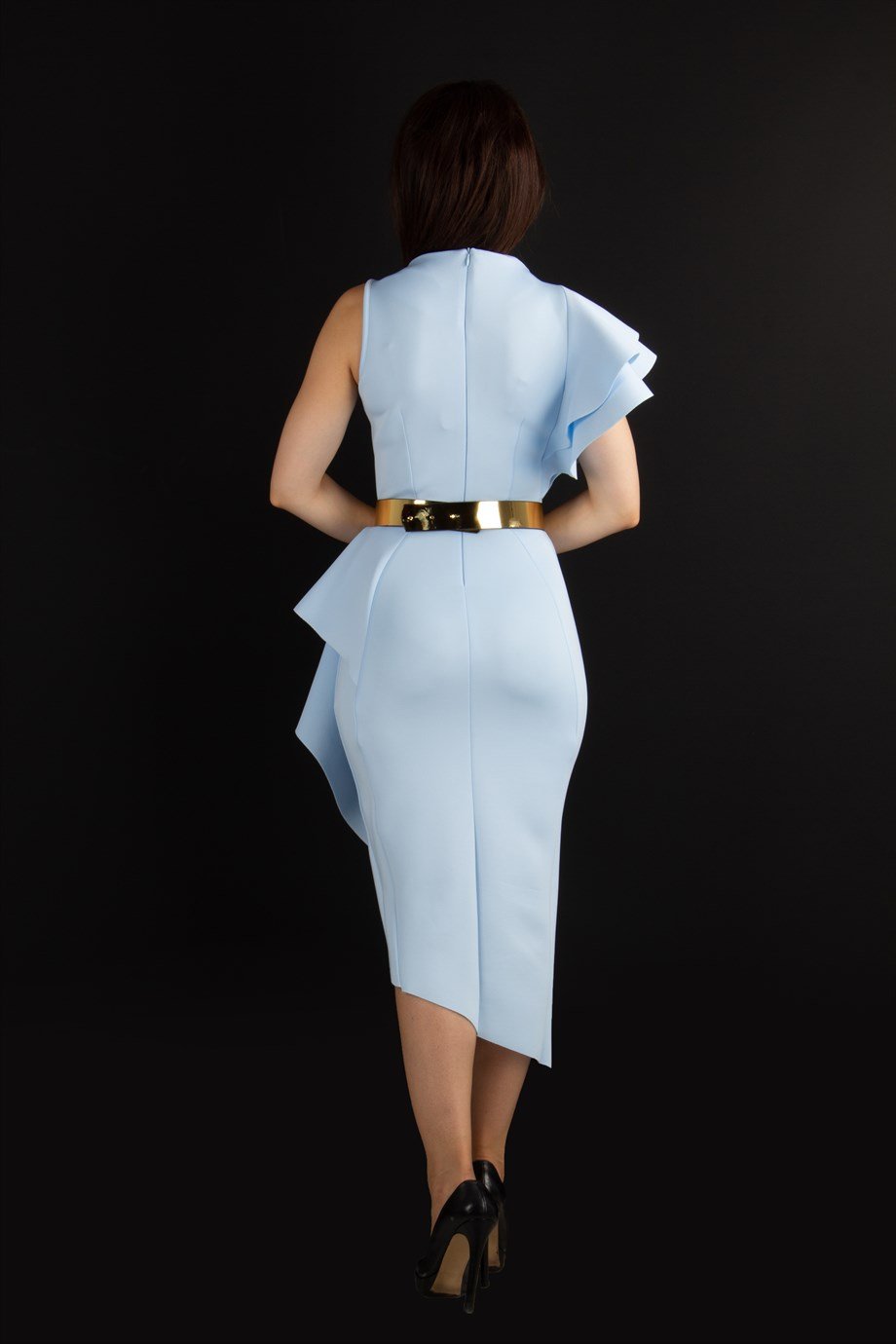 Asymmetric Ruffled One Shoulder Frill Scuba Big Size Dress - Baby Blue