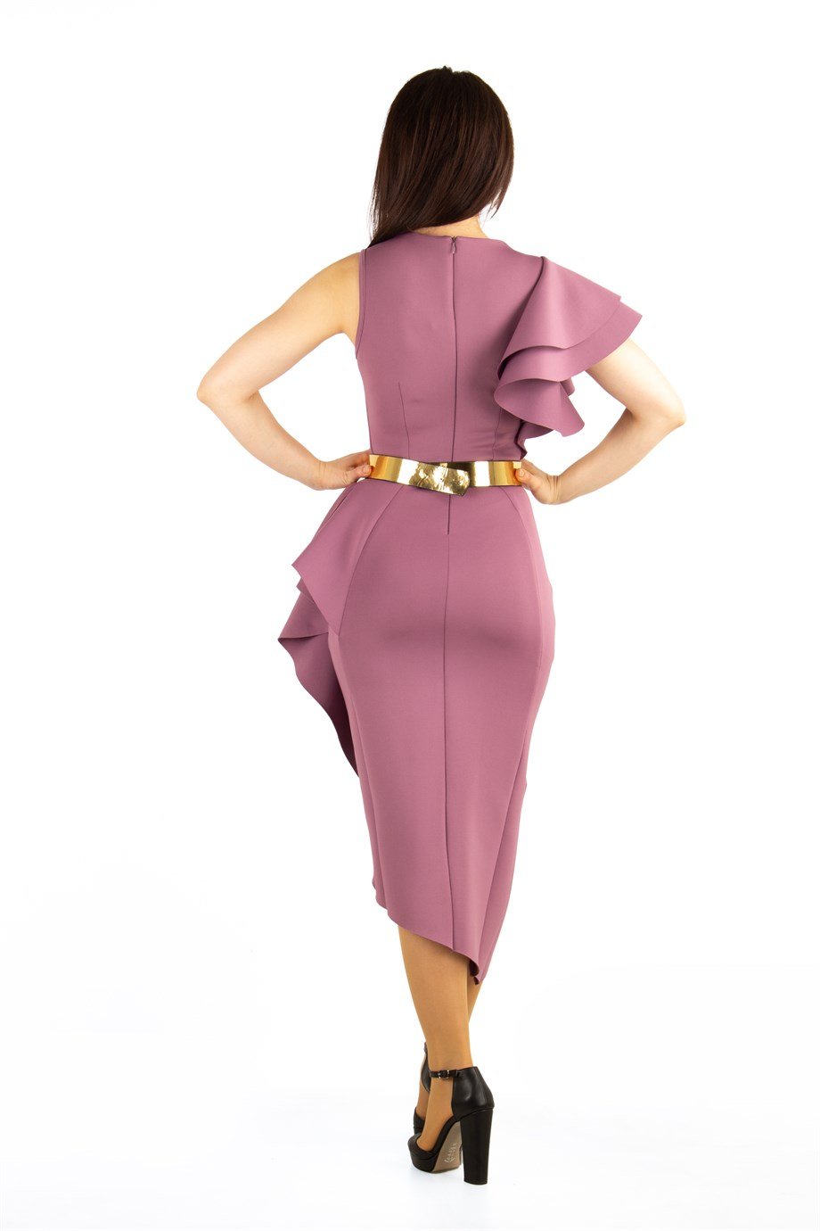 Asymmetric Ruffled One Shoulder Frill Scuba Big Size Dress - Dusty Rose Color