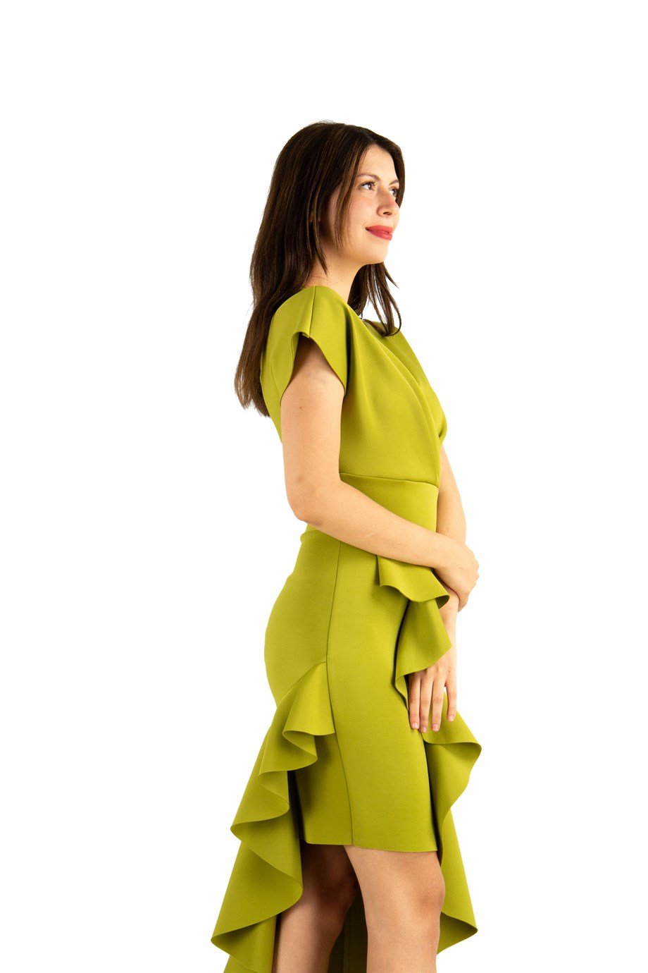 Asymmetric V-Neck Frill Dress Big Size - Khaki