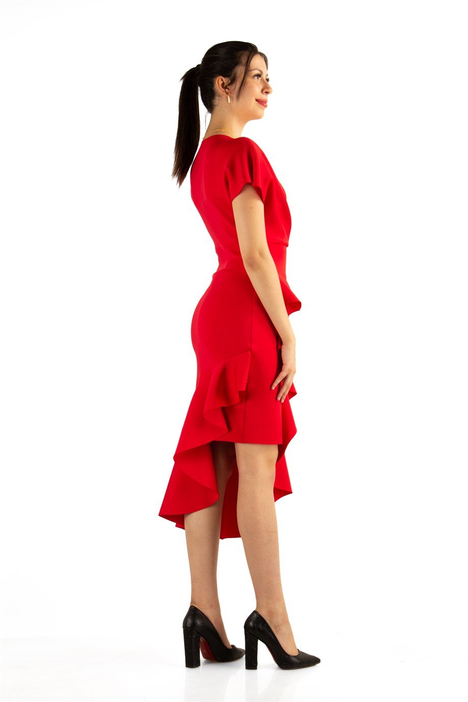 Asymmetric V-Neck Frill Dress - Red