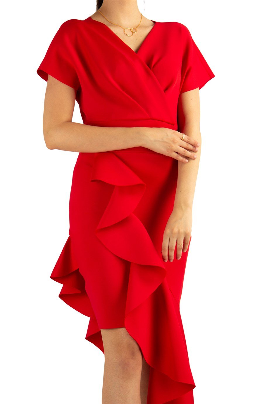 Asymmetric V-Neck Frill Dress - Red
