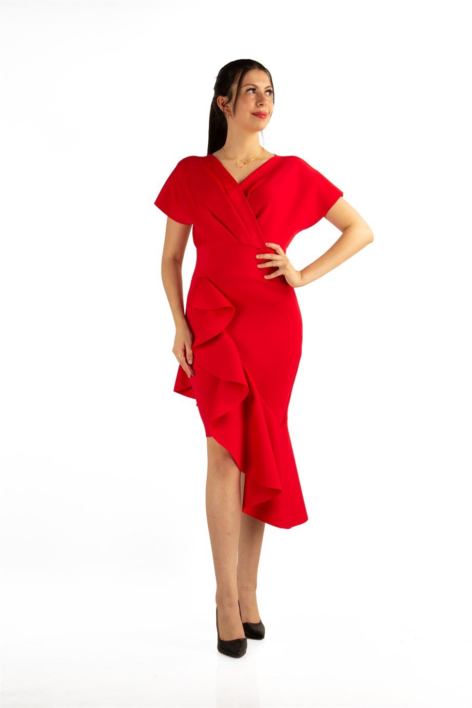 Asymmetric V-Neck Frill Dress - Red