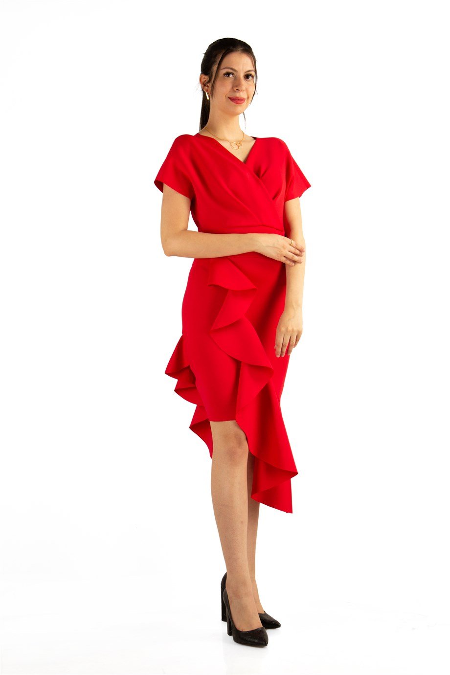 Asymmetric V-Neck Frill Dress - Red