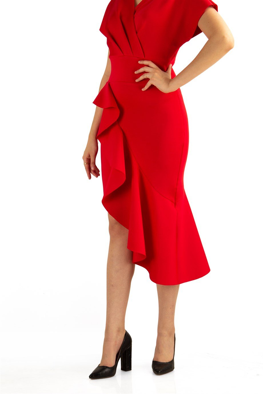 Asymmetric V-Neck Frill Dress - Red