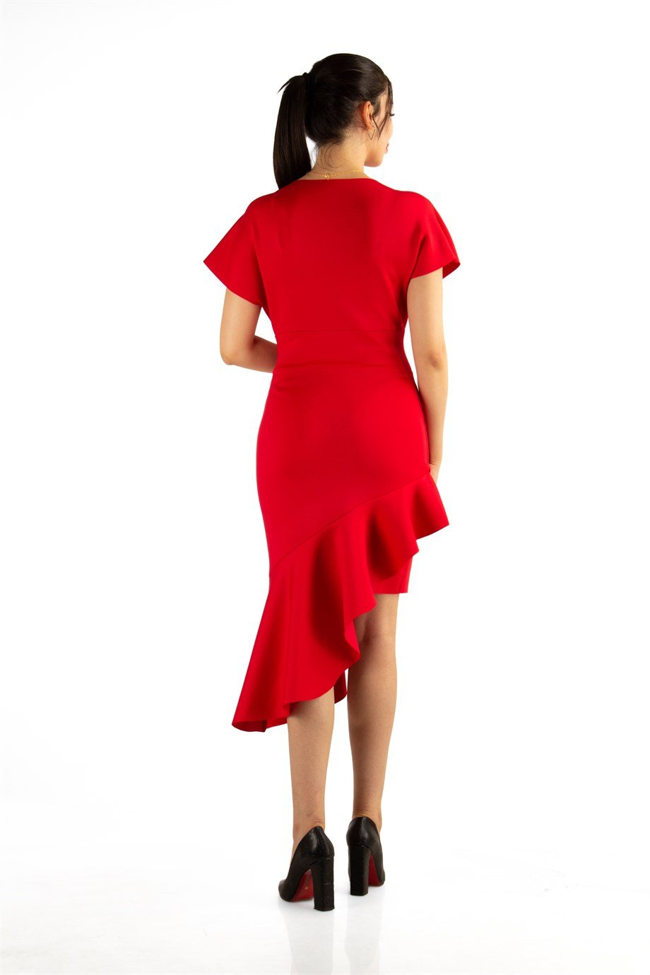 Asymmetric V-Neck Frill Dress - Red