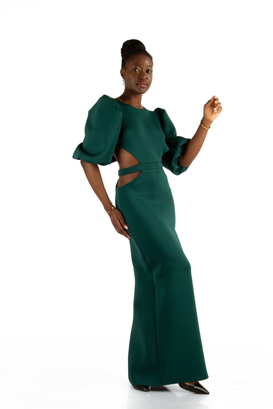 Baloon Sleeve Open Back Long Scuba Dress - Black